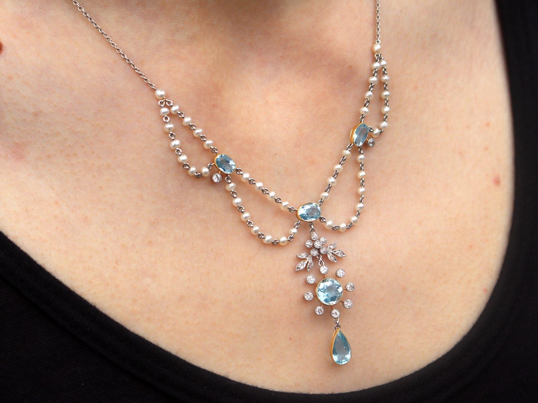 Antique Aquamarine Diamond Seed Pearl Platinum Pendant Necklace For Sale 4