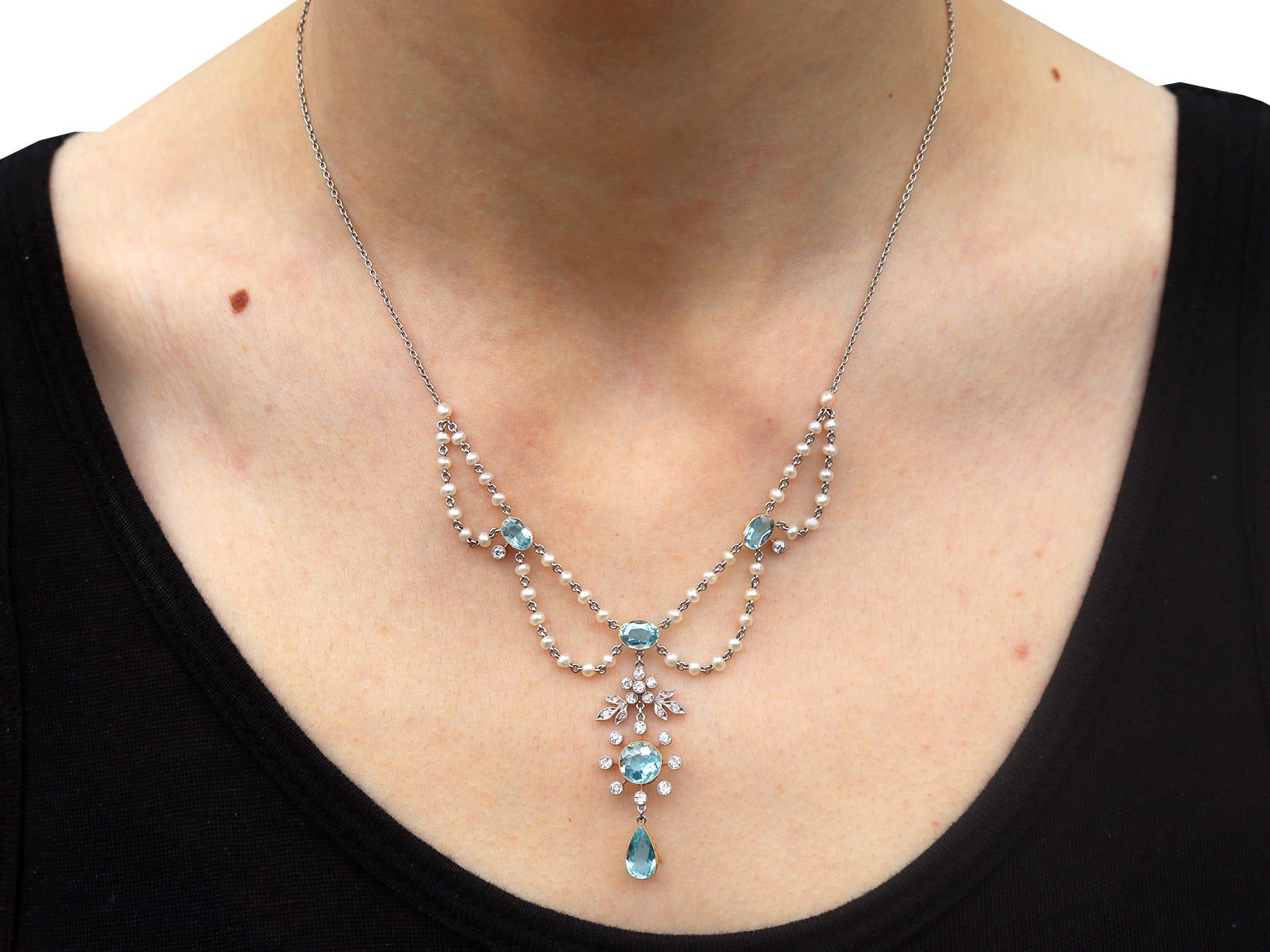 Antique Aquamarine Diamond Seed Pearl Platinum Pendant Necklace For Sale 5