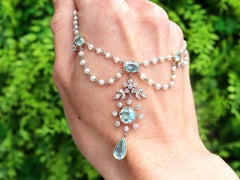 Antike Aquamarin-Diamant- Saatperlen-Platin-Anhänger-Halskette