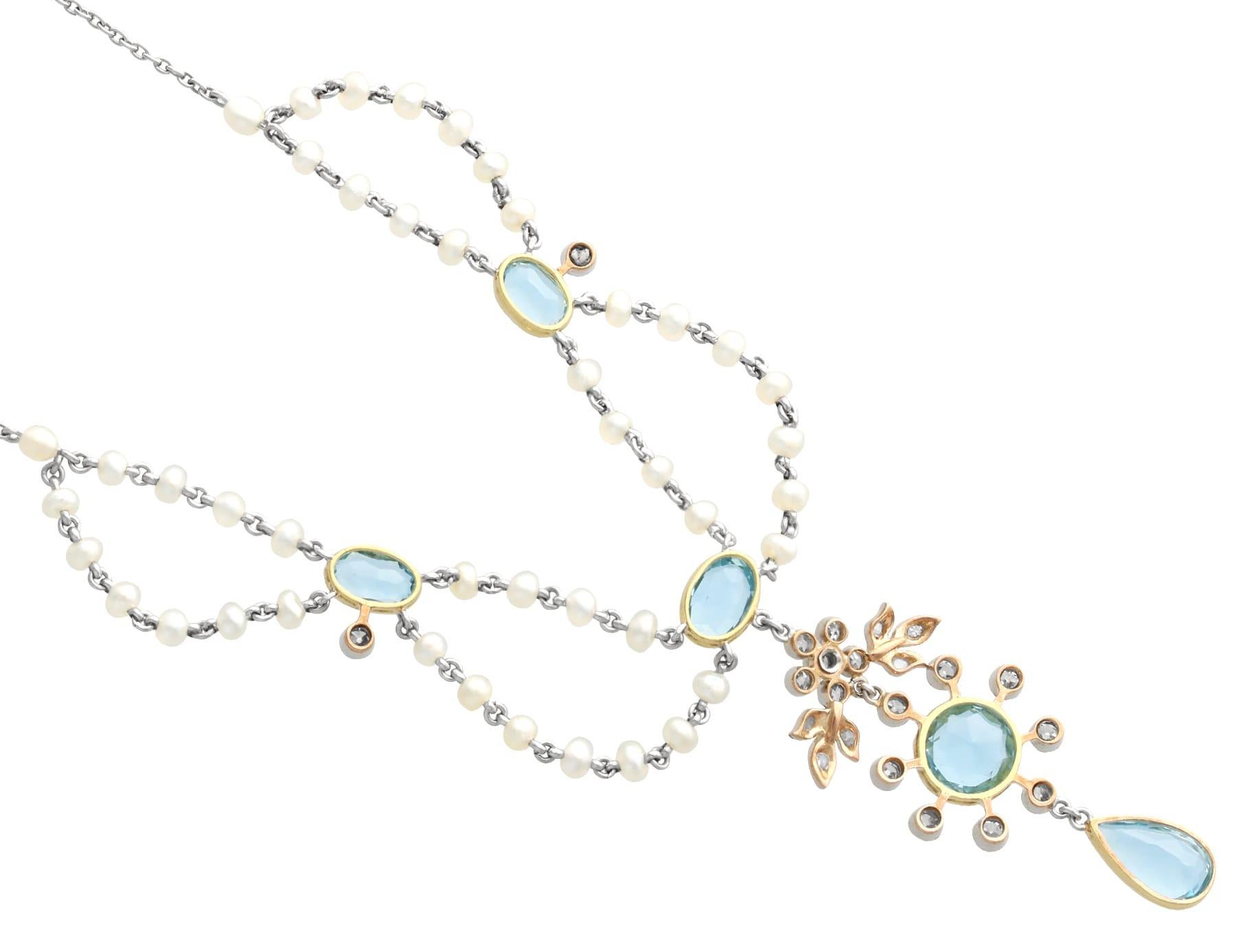 Edwardian Antique Aquamarine Diamond Seed Pearl Platinum Pendant Necklace For Sale