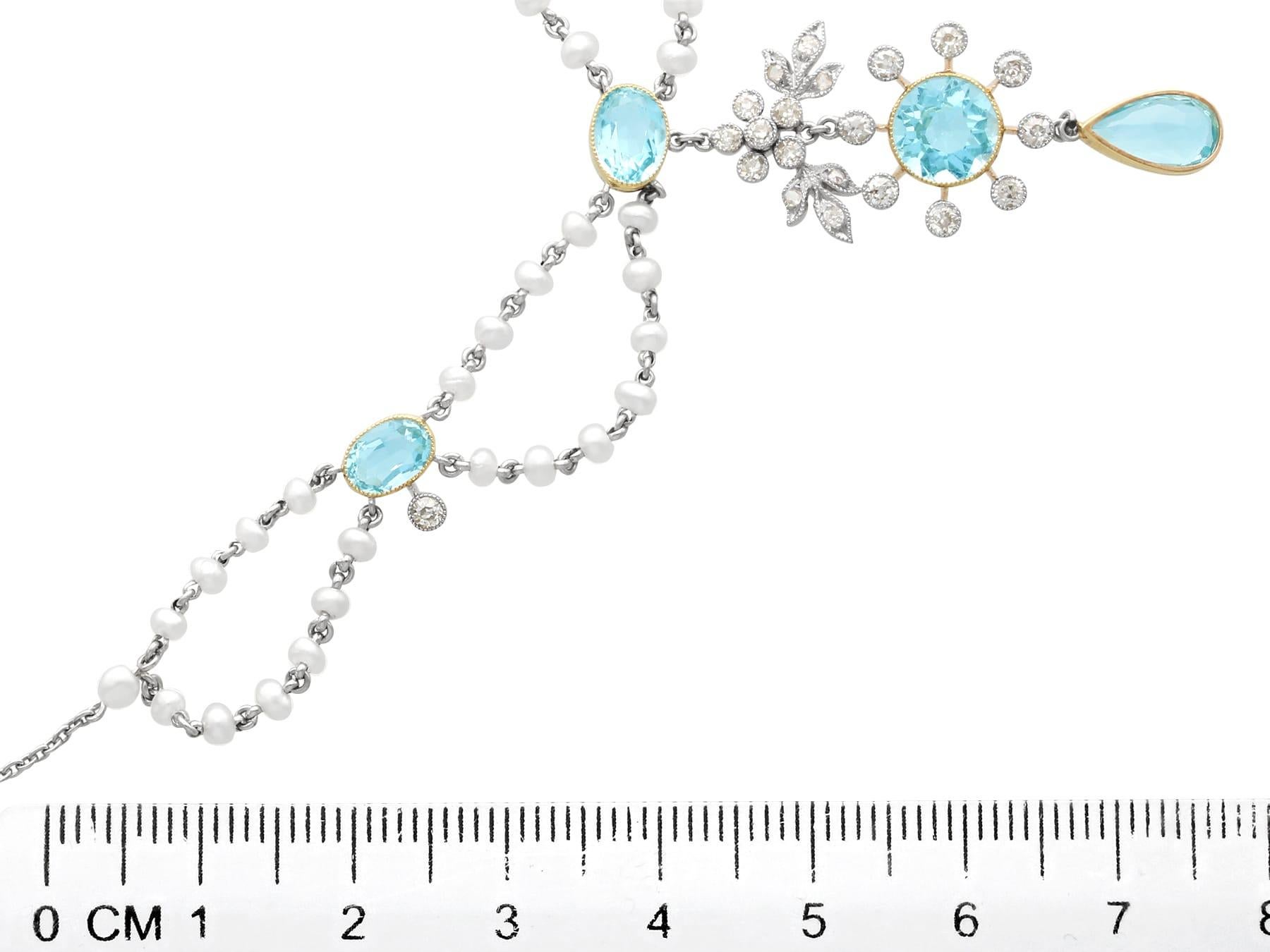 Old European Cut Antique Aquamarine Diamond Seed Pearl Platinum Pendant Necklace For Sale