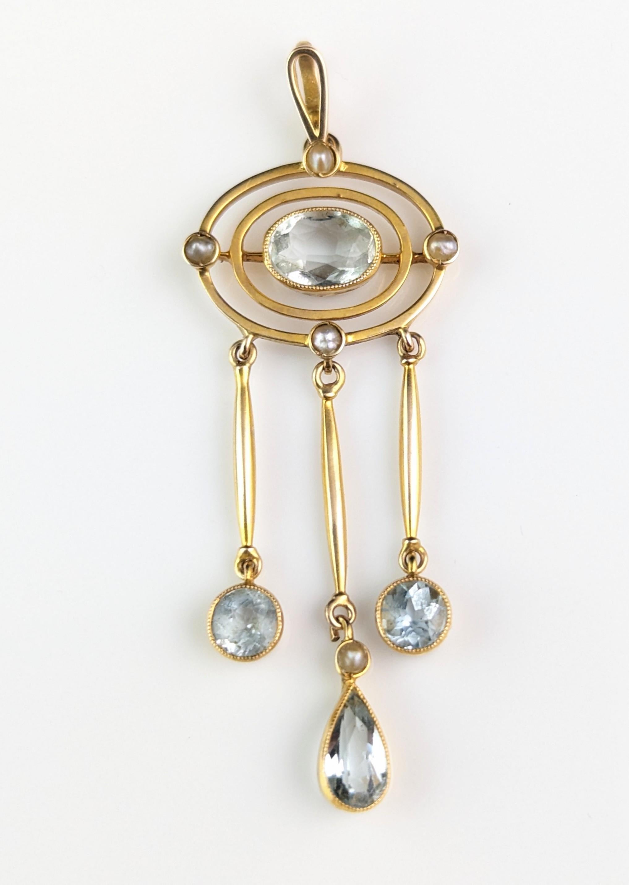 Antique Aquamarine drop pendant, 15k yellow gold, Pearl For Sale 7