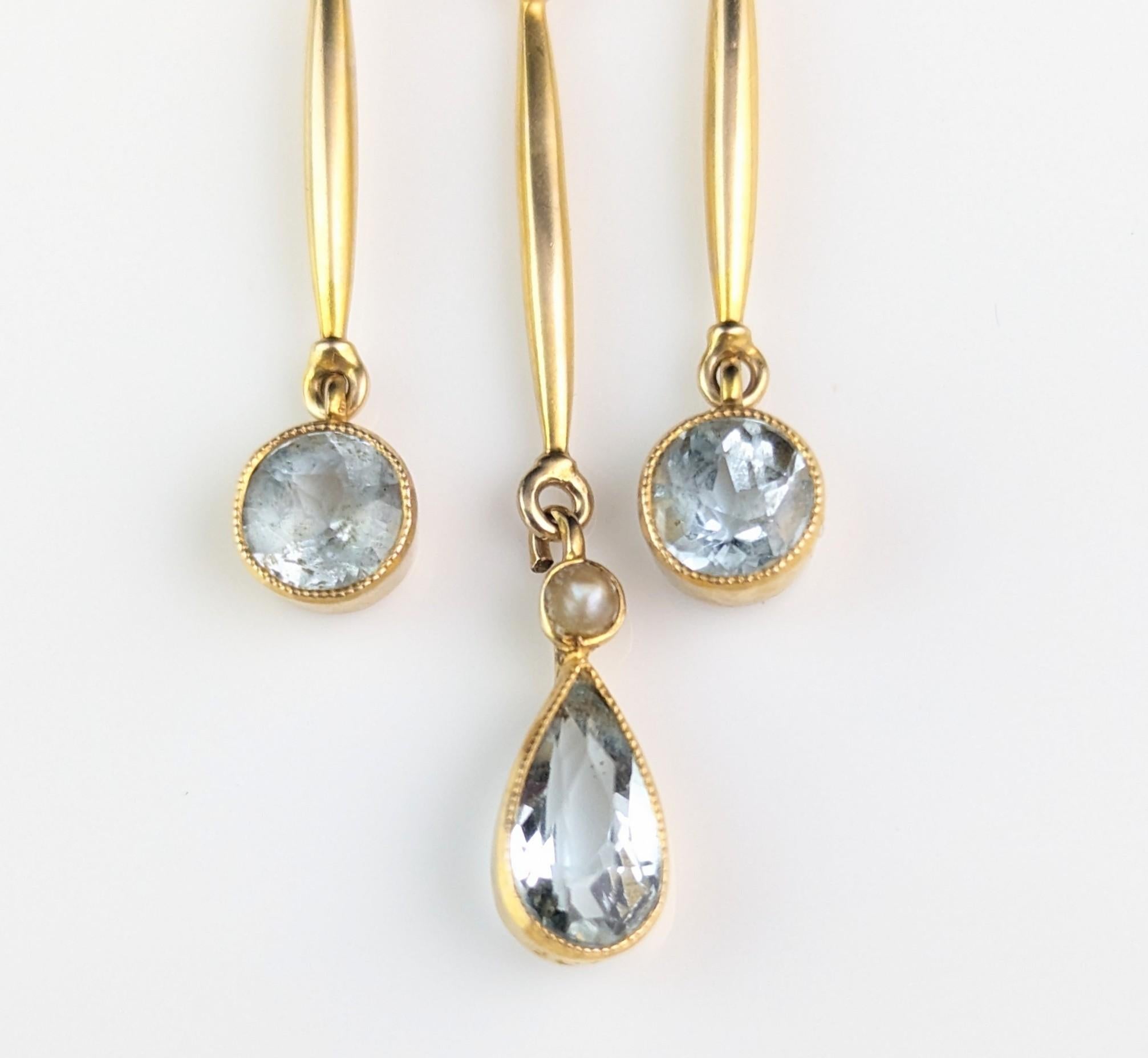 Antique Aquamarine drop pendant, 15k yellow gold, Pearl For Sale 8
