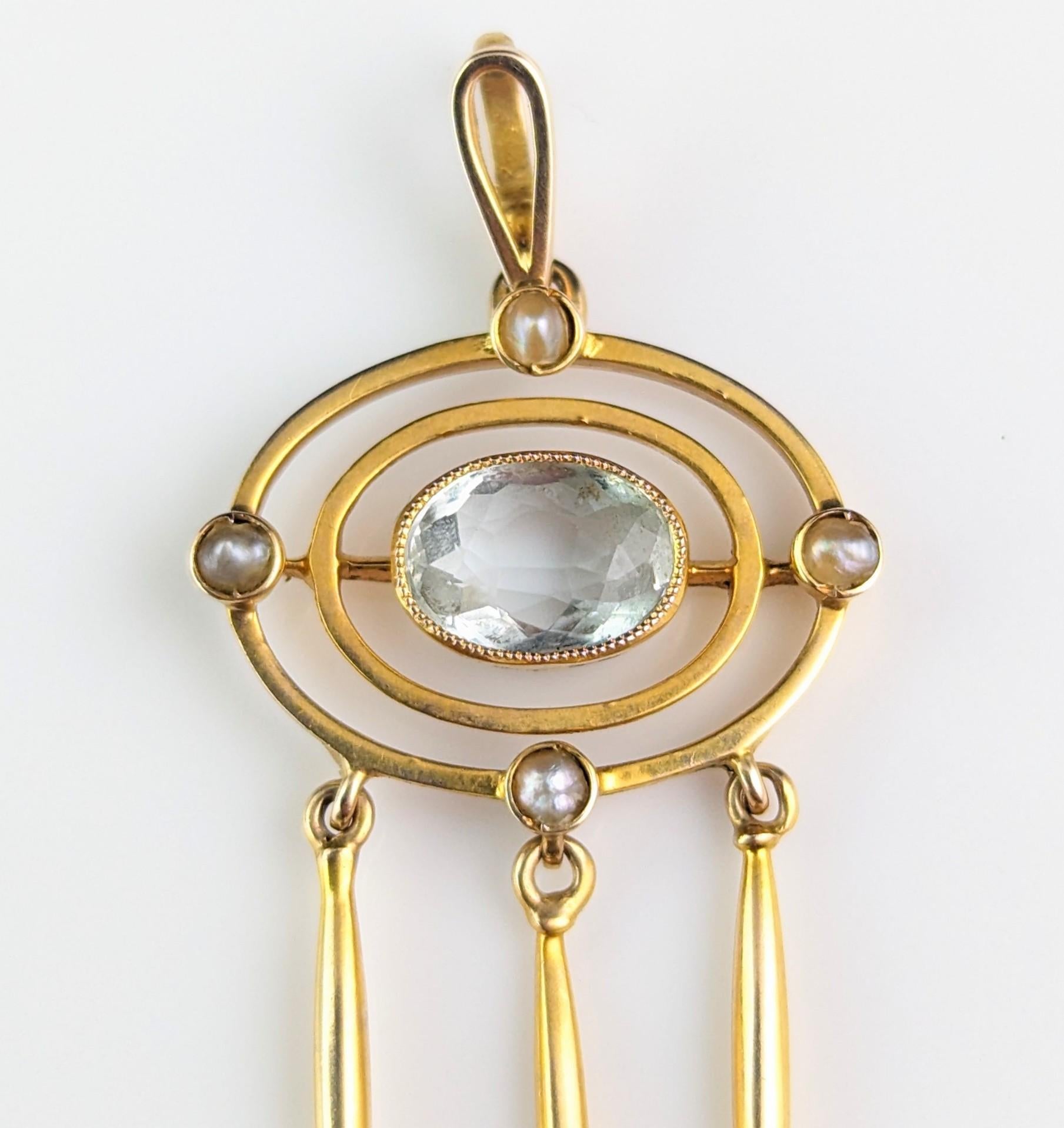 Antique Aquamarine drop pendant, 15k yellow gold, Pearl For Sale 9