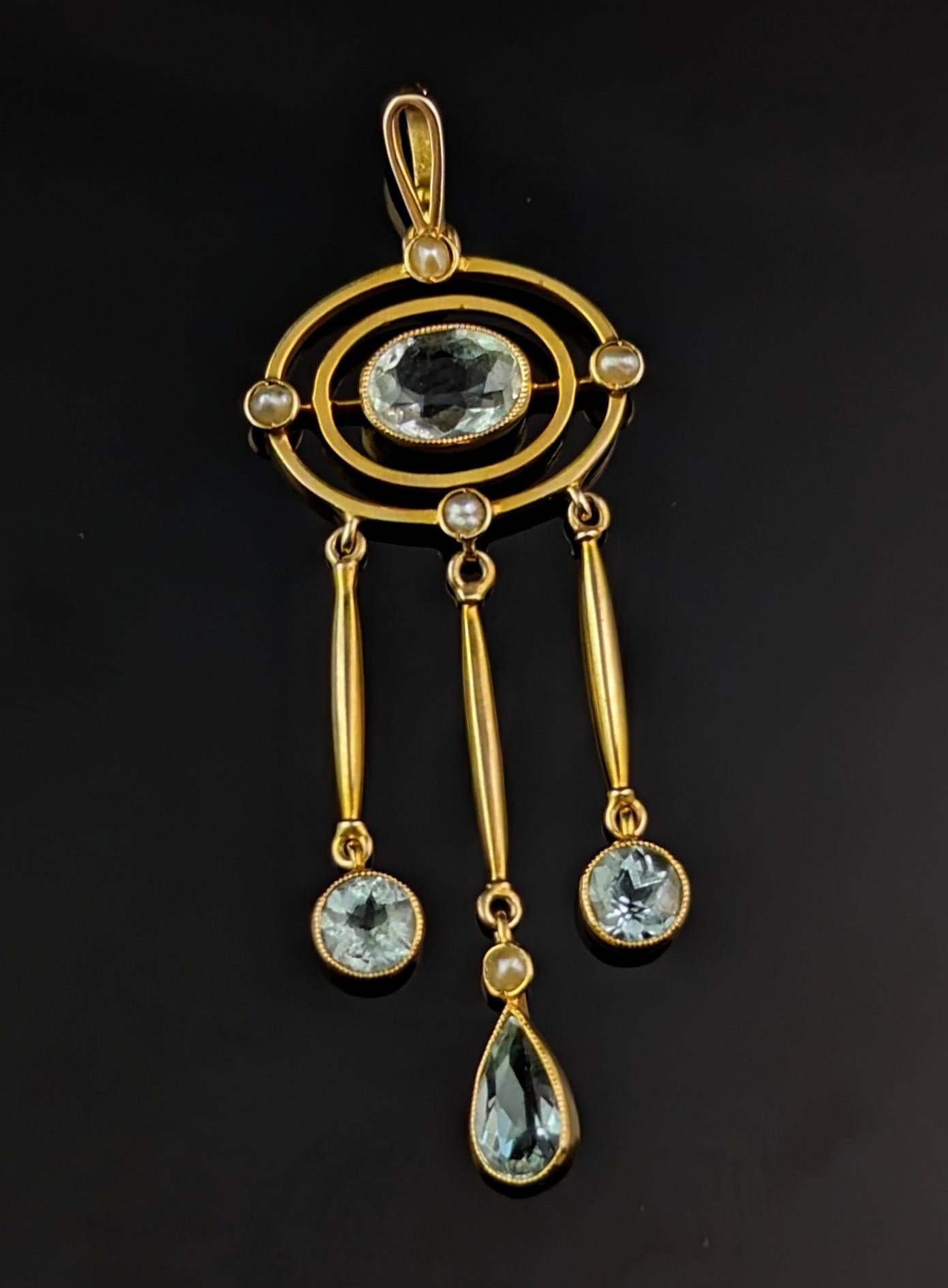 Art Nouveau Antique Aquamarine drop pendant, 15k yellow gold, Pearl For Sale