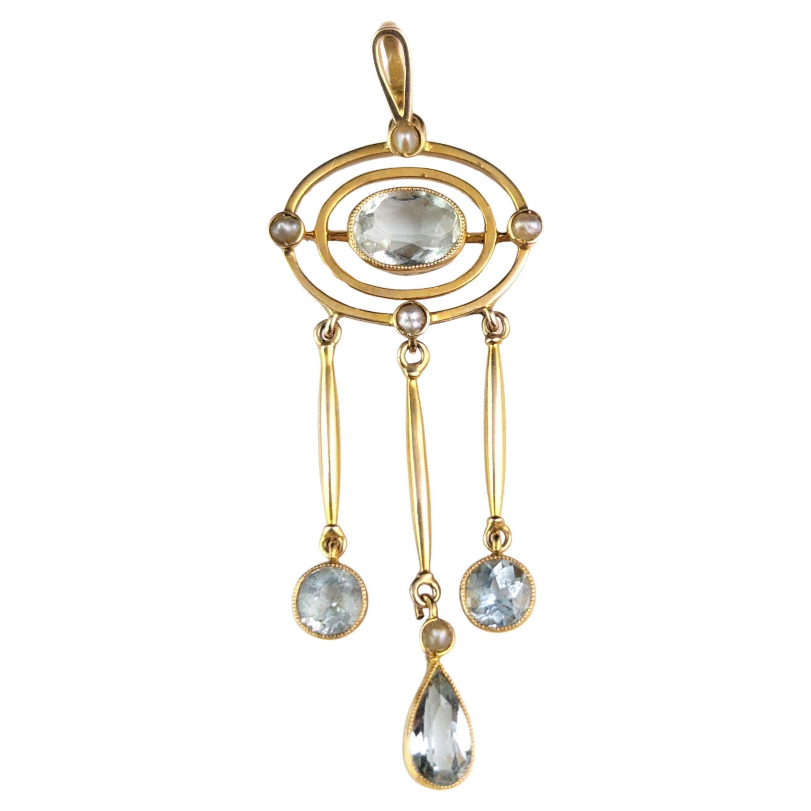 Antique Aquamarine drop pendant, 15k yellow gold, Pearl For Sale