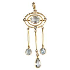 Antique Aquamarine drop pendant, 15k yellow gold, Pearl
