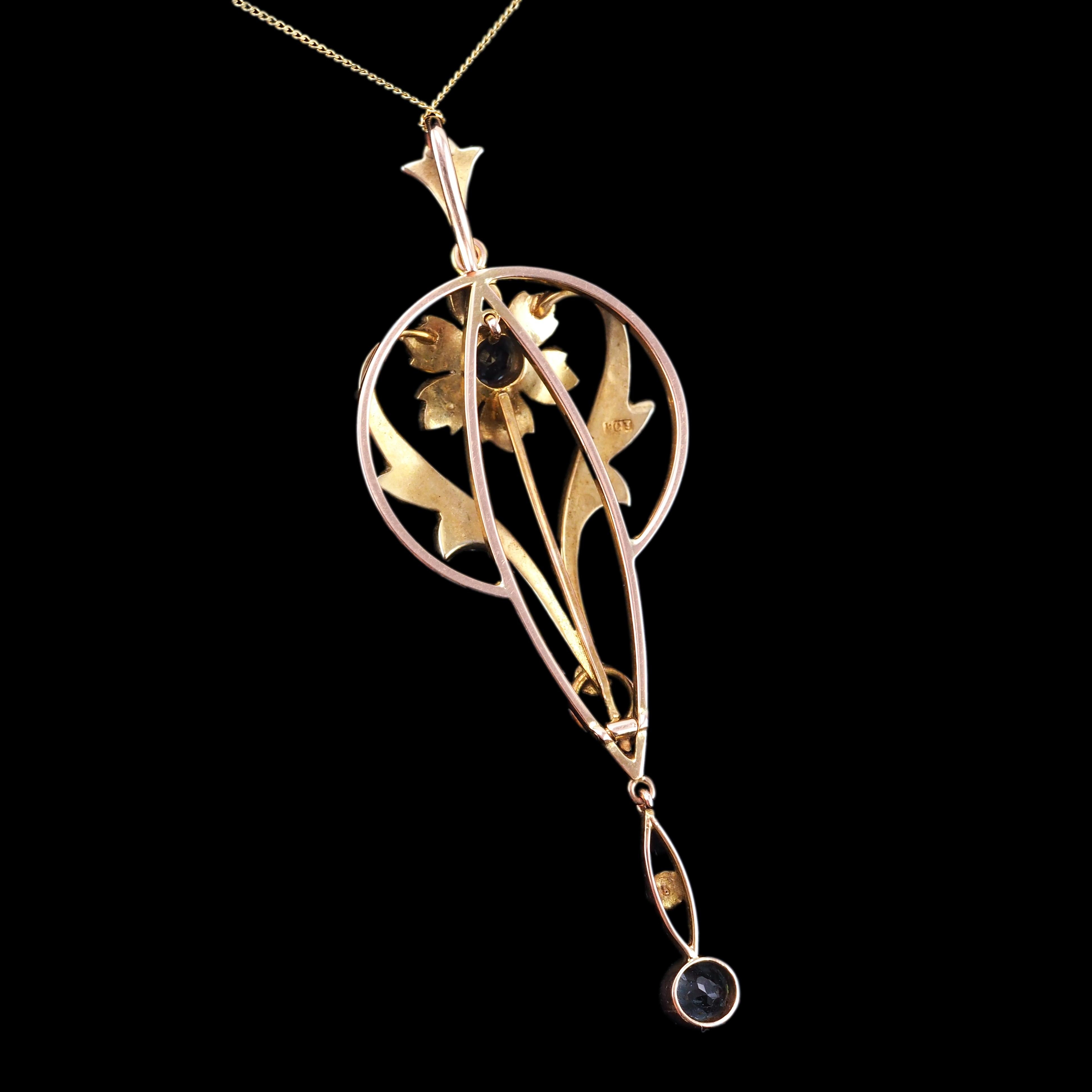Antique Aquamarine Pendant Necklace Seed Pearls 9K Gold Art Nouveau c.1905 5