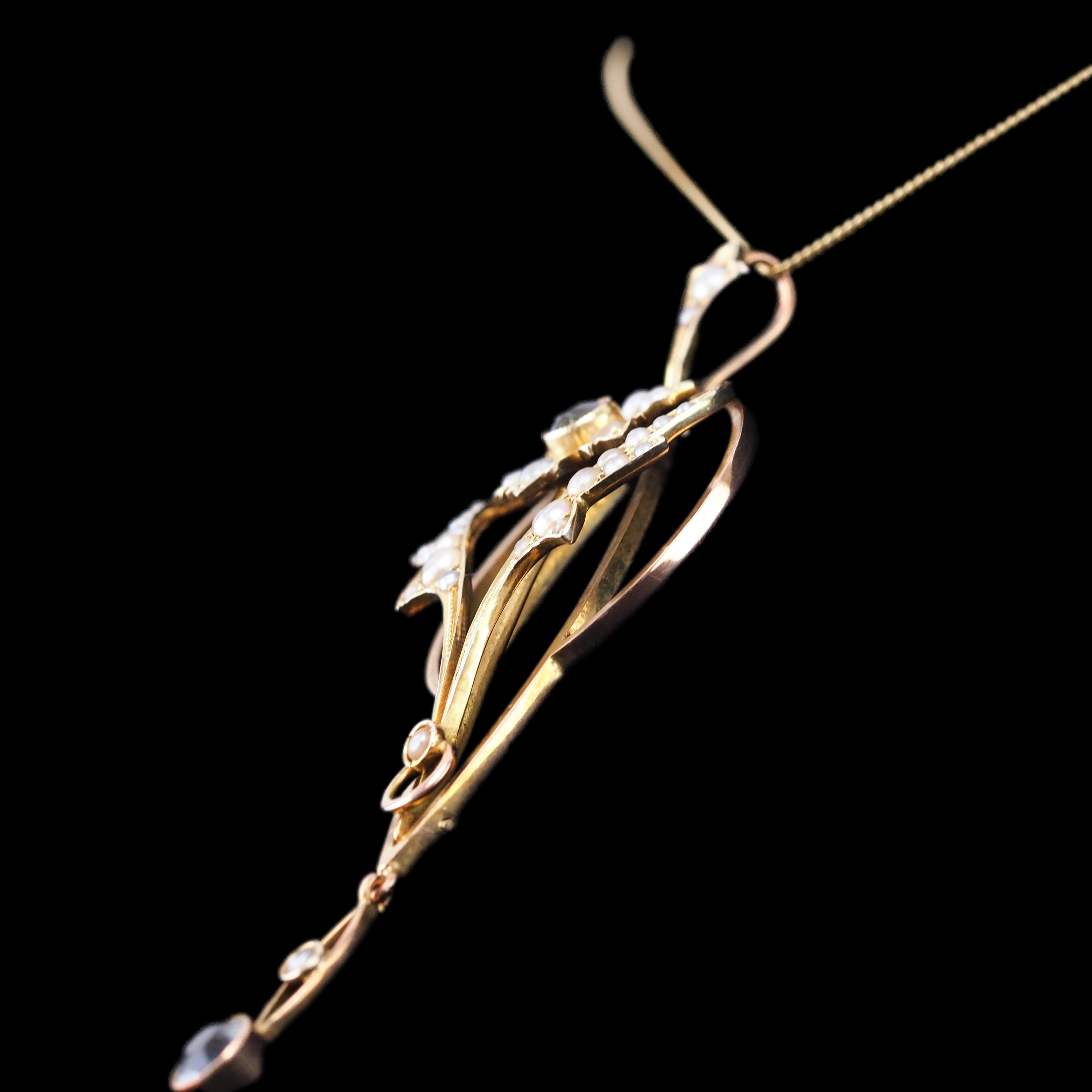 Antique Aquamarine Pendant Necklace Seed Pearls 9K Gold Art Nouveau c.1905 6
