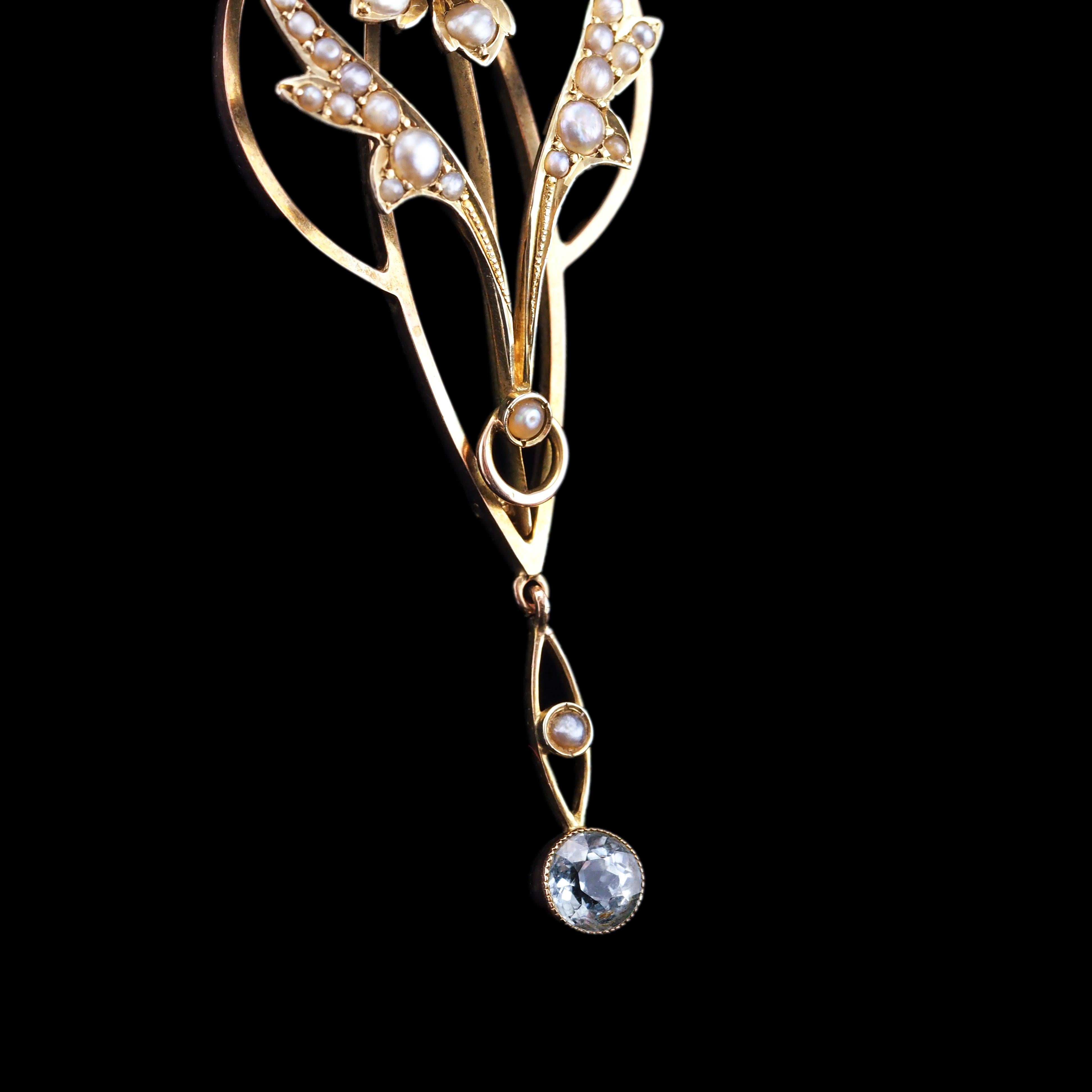 Antique Aquamarine Pendant Necklace Seed Pearls 9K Gold Art Nouveau c.1905 8