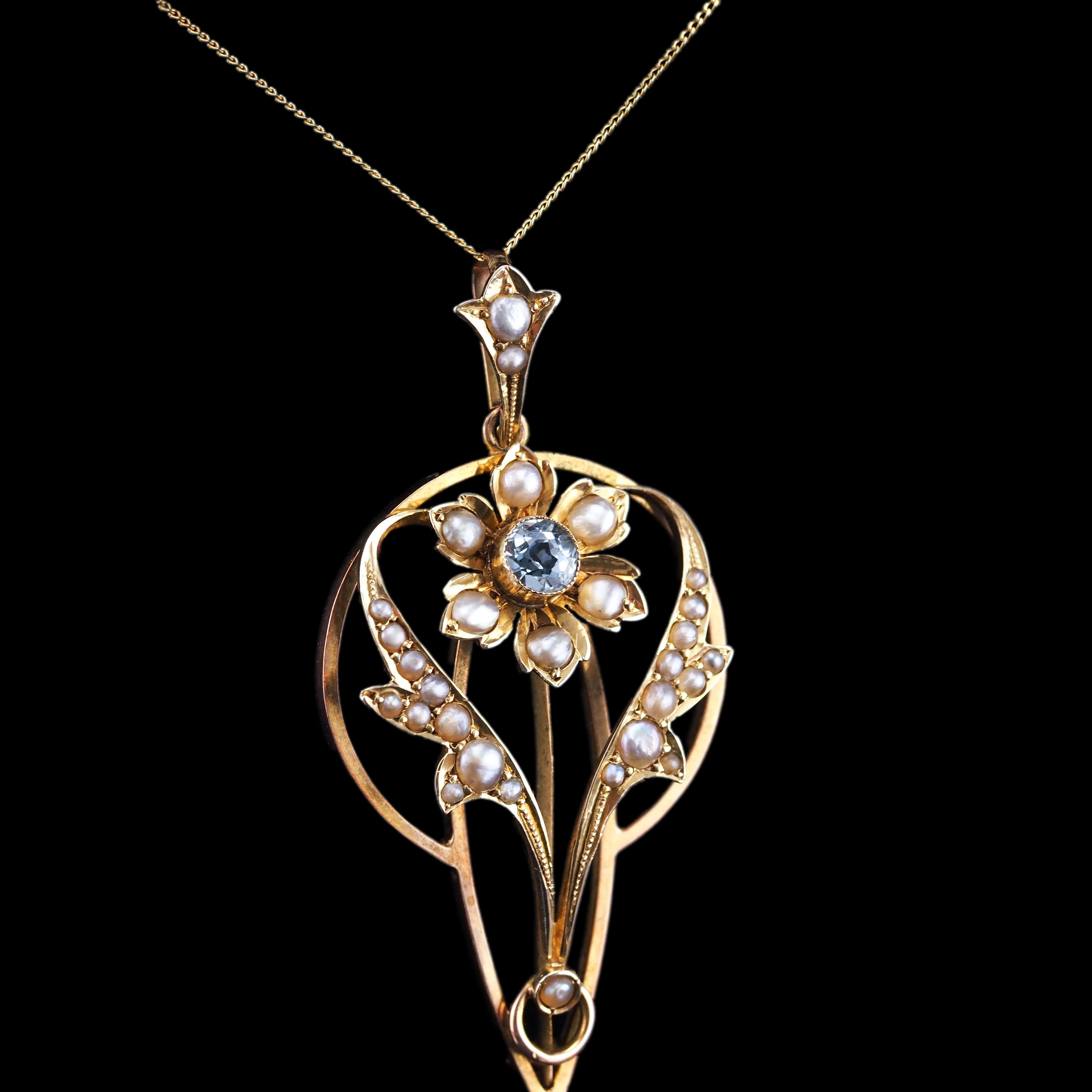 Antique Aquamarine Pendant Necklace Seed Pearls 9K Gold Art Nouveau c.1905 9