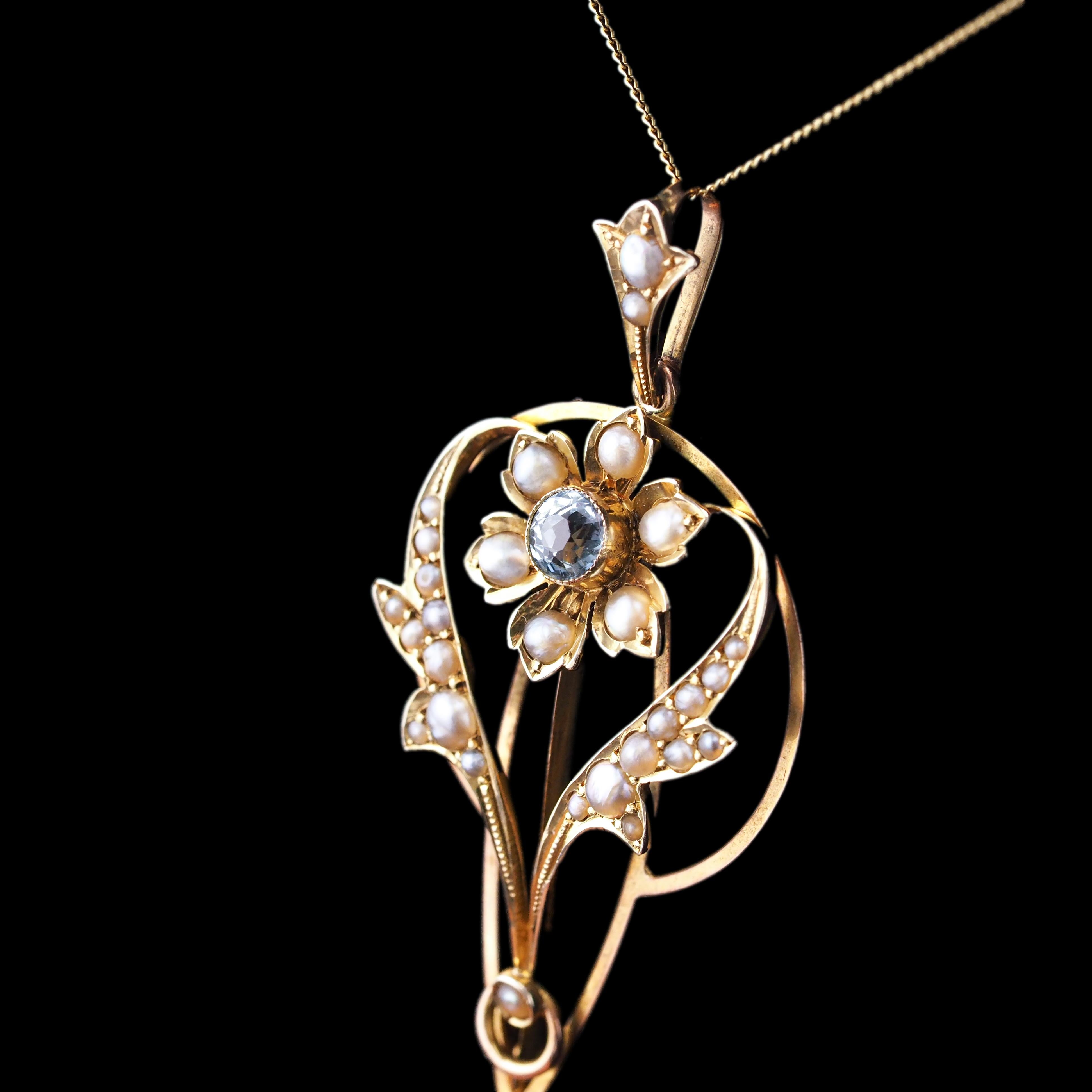Antique Aquamarine Pendant Necklace Seed Pearls 9K Gold Art Nouveau c.1905 In Good Condition In London, GB