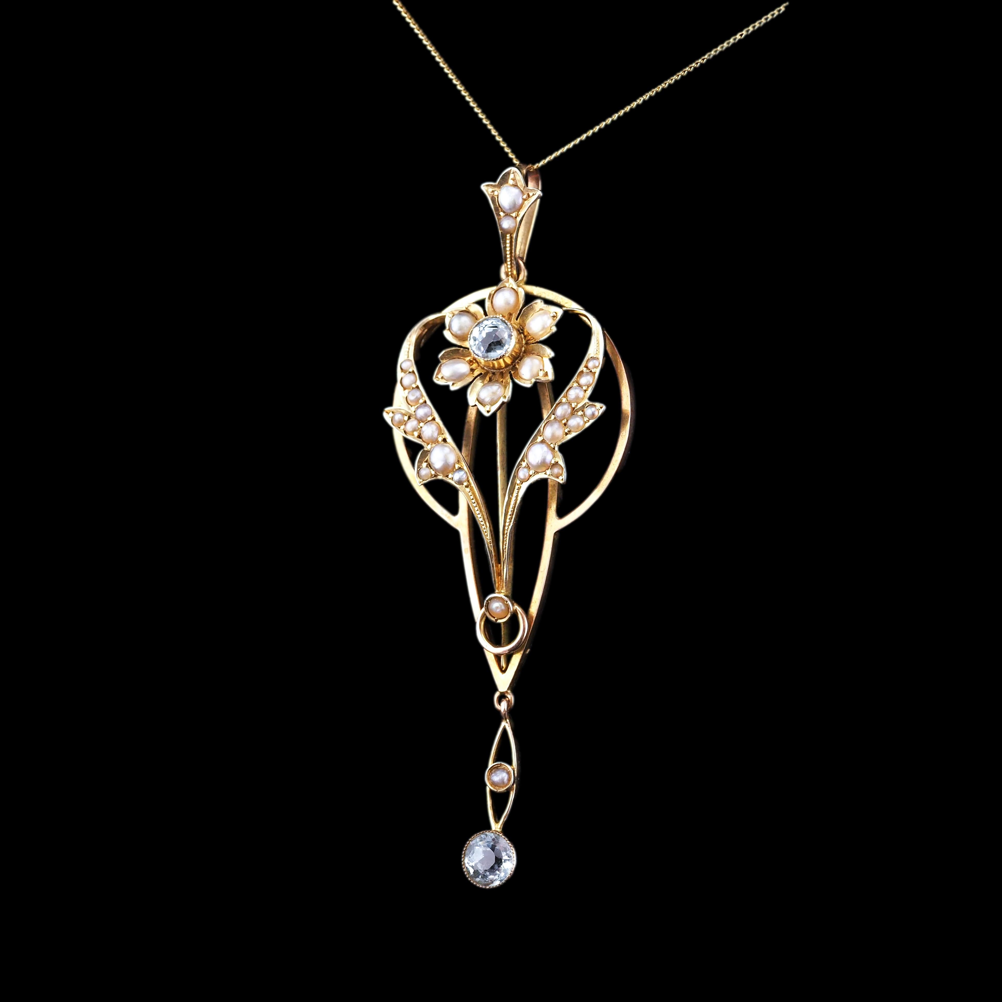 Women's or Men's Antique Aquamarine Pendant Necklace Seed Pearls 9K Gold Art Nouveau c.1905