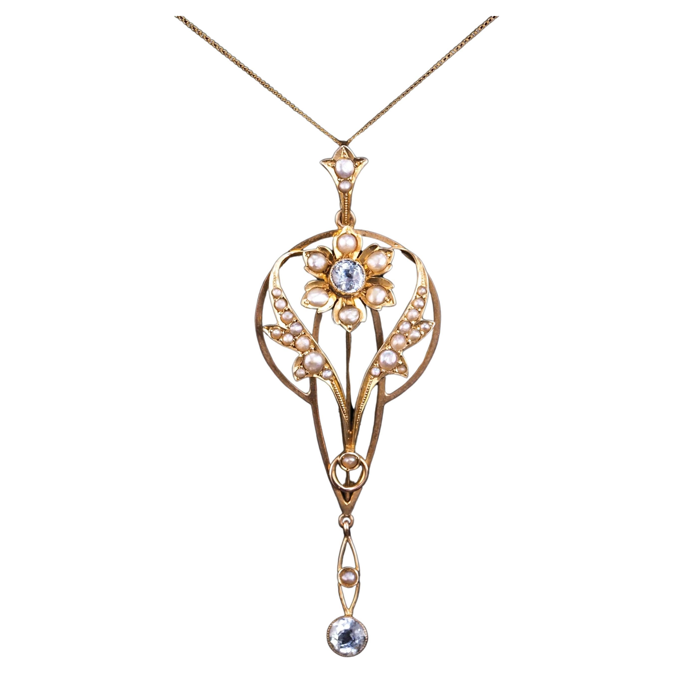 Antique Aquamarine Pendant Necklace Seed Pearls 9K Gold Art Nouveau c.1905