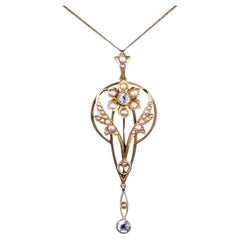 Antique Aquamarine Pendant Necklace Seed Pearls 9K Gold Art Nouveau c.1905