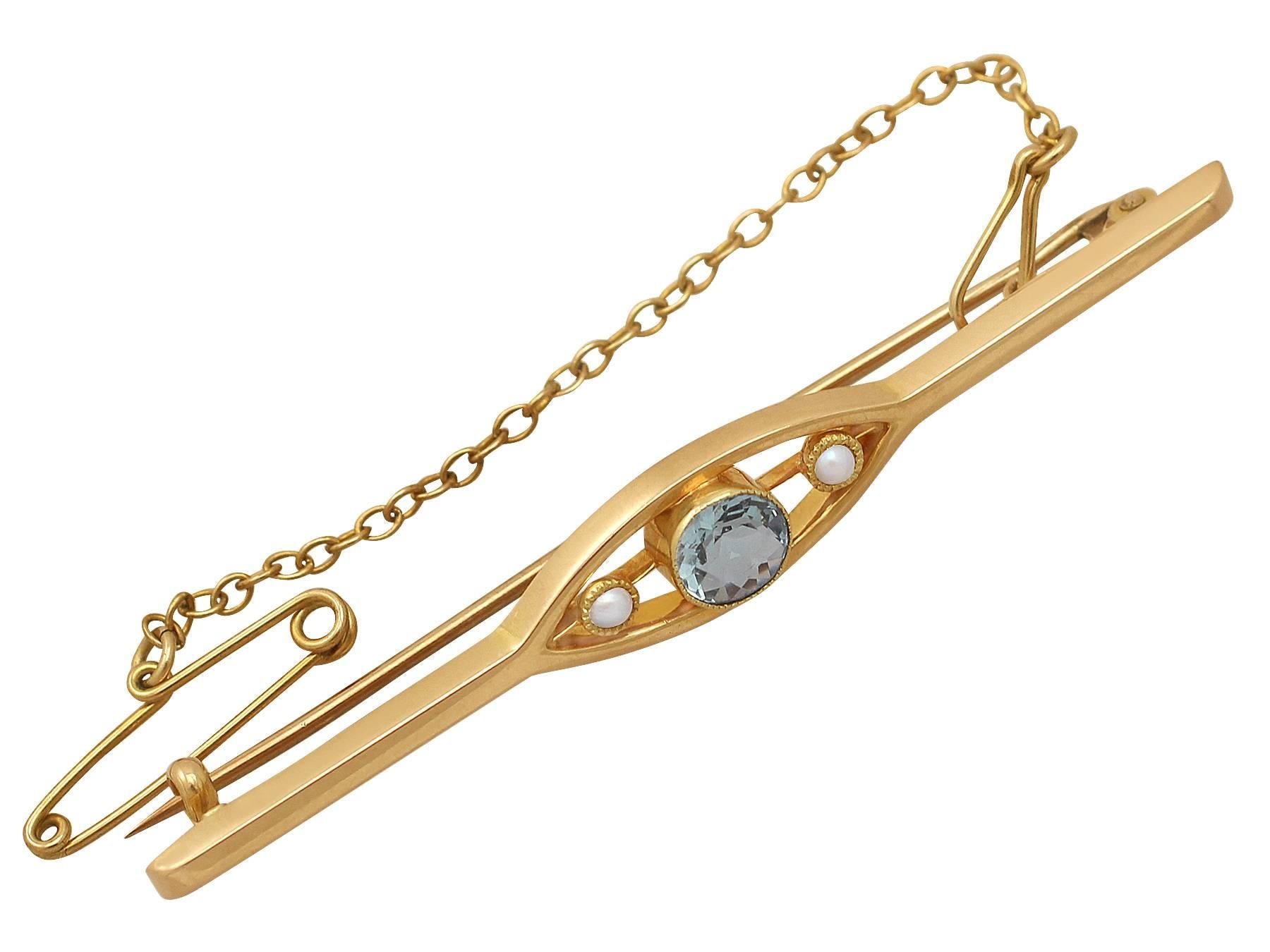 Women's Antique Aquamarine and Seed Pearl Yellow Gold Bar Brooch, circa 1910