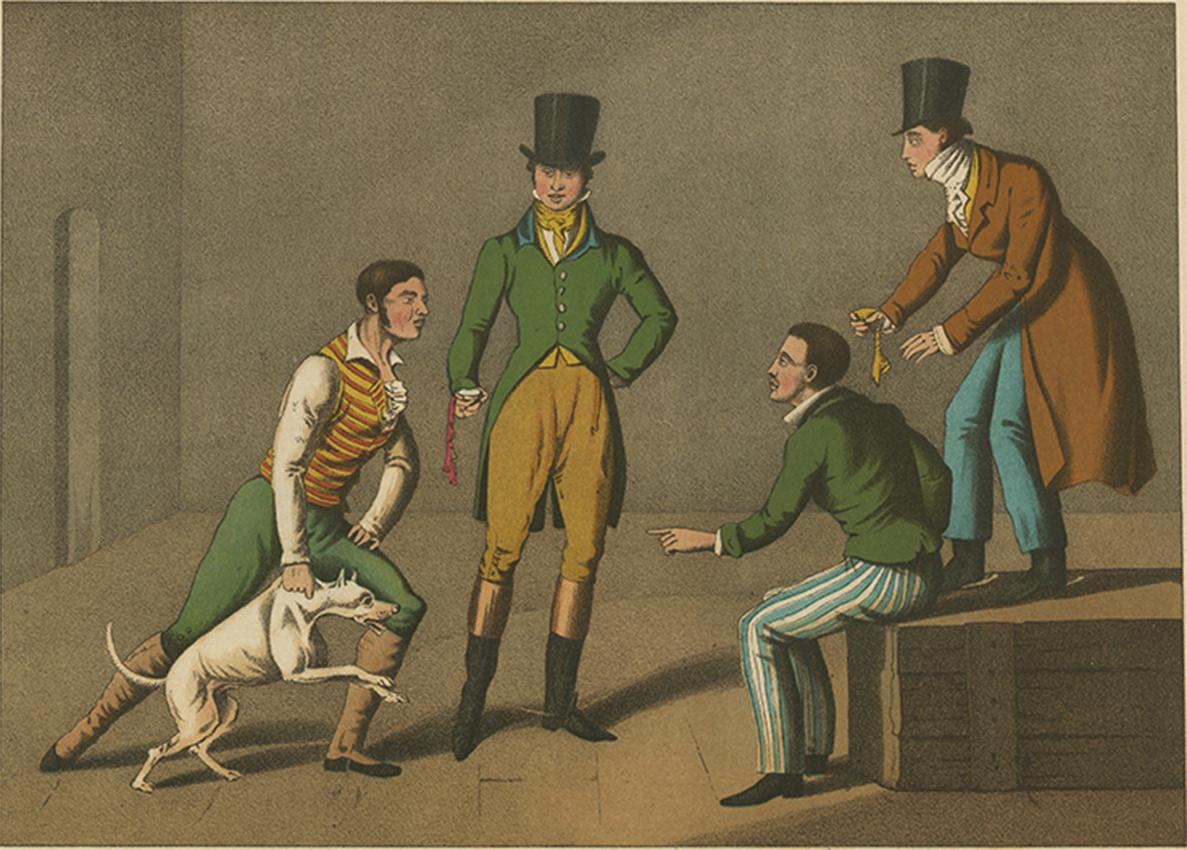Handcolored aquatint made after Henry Alken by J. Clark. Published by T. McLean, London, 1820.

The antique aquatint titled 'A Match at the Badger' by J. Clark likely portrays a scene related to a traditional sport or rural activity, possibly