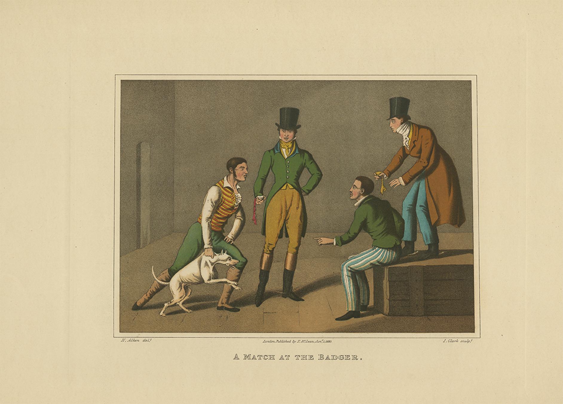 Antique Aquatint 'A Match at the Badger' by J. Clark, 1820 In Good Condition For Sale In Langweer, NL