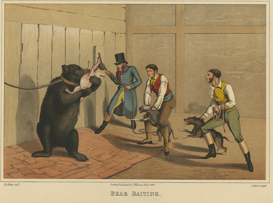 Antique Aquatint 'Bear Baiting' by J. Clark, 1820 In Good Condition For Sale In Langweer, NL