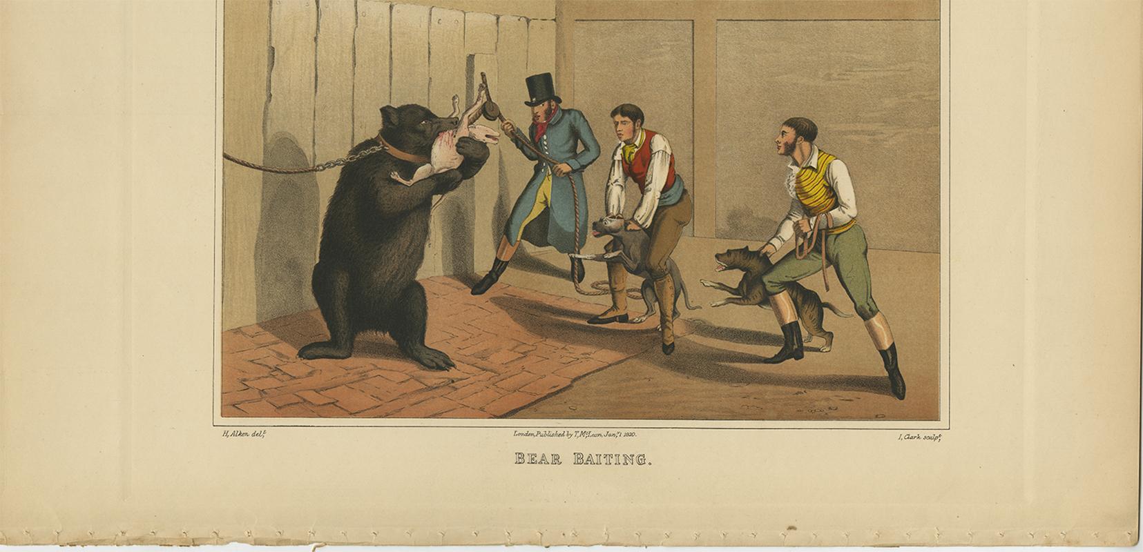 19th Century Antique Aquatint 'Bear Baiting' by J. Clark, 1820 For Sale