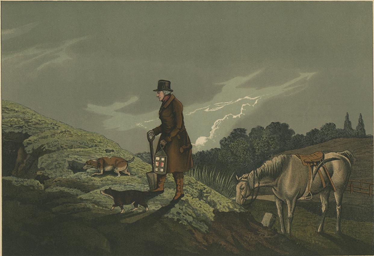 Hand-colored aquatint made after Henry Alken by J. Clark. Published by T. McLean, London, 1820.

The antique aquatint titled 'Earth Stopper' by J. Clark  represents a scene related to hunting or foxhunting, considering the context of many aquatints
