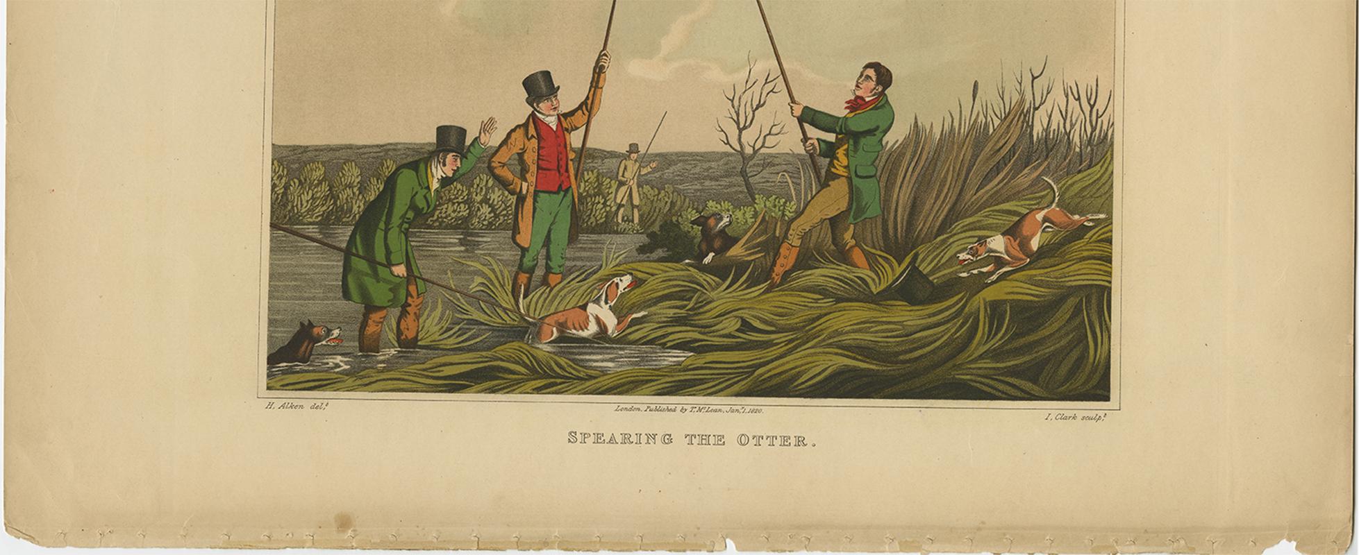 Antique Aquatint 'Spearing the Otter' by J. Clark, 1820 In Good Condition For Sale In Langweer, NL