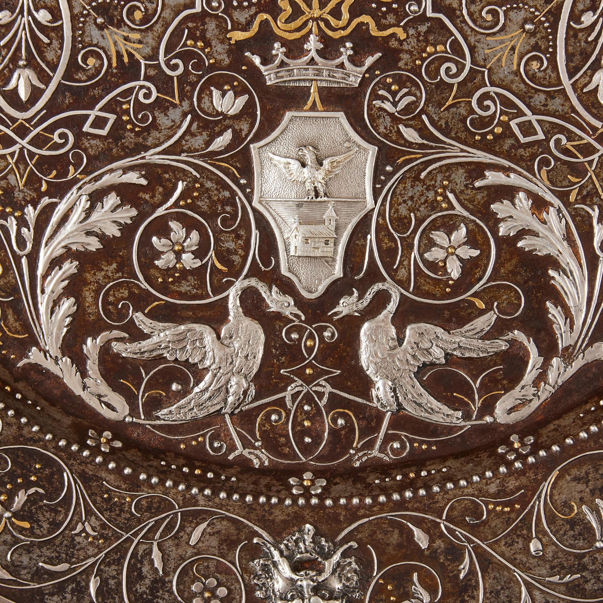 Antique Arabesque Steel Plate with Gold and Silver Inlay In Good Condition For Sale In London, GB