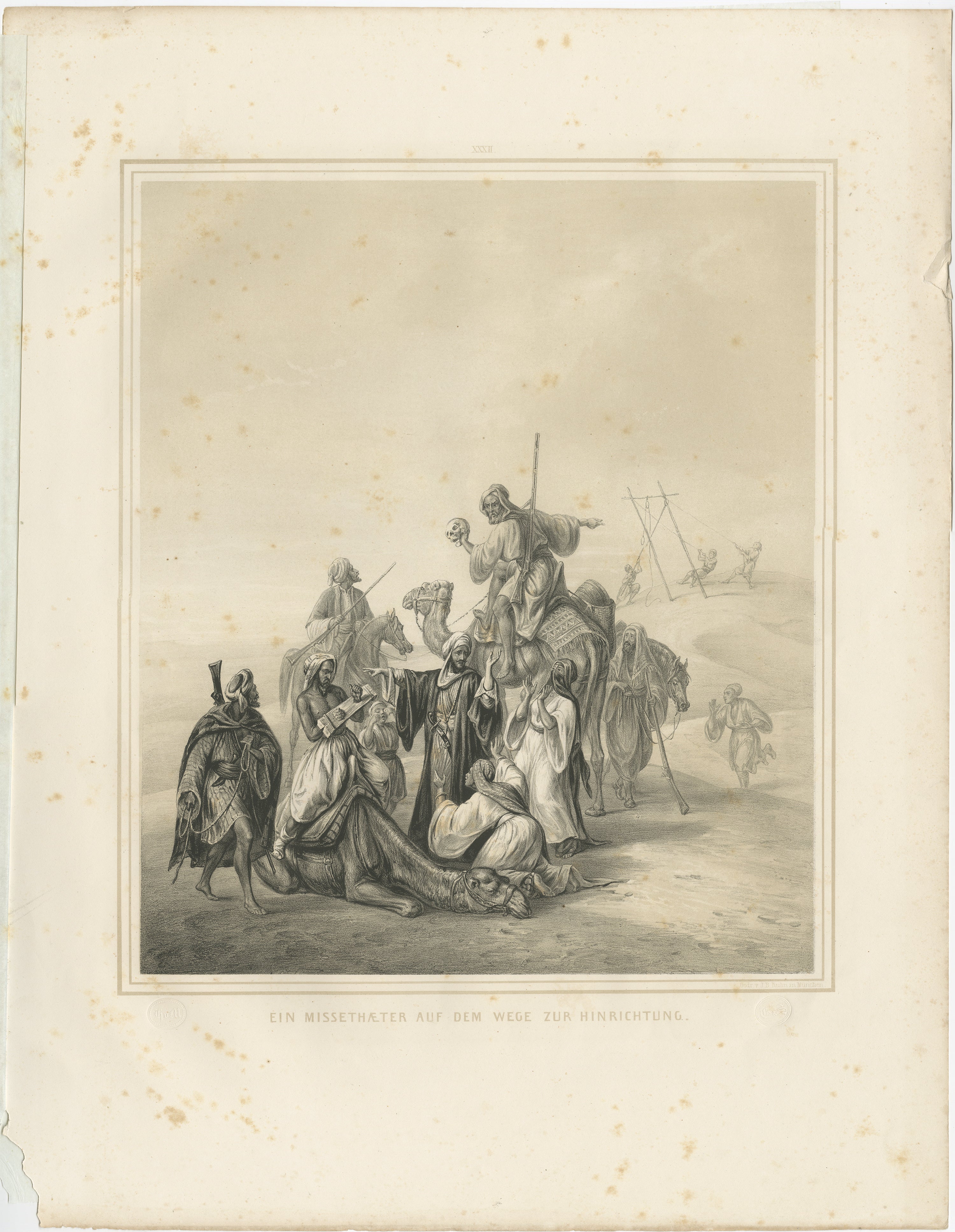 Antico Processo di esecuzione arabo nel deserto, Maximilian Egitto 1846

Questa drammatica incisione orientalista del XIX secolo raffigura un criminale condannato che viene trasportato attraverso il deserto per essere giustiziato, creando una scena
