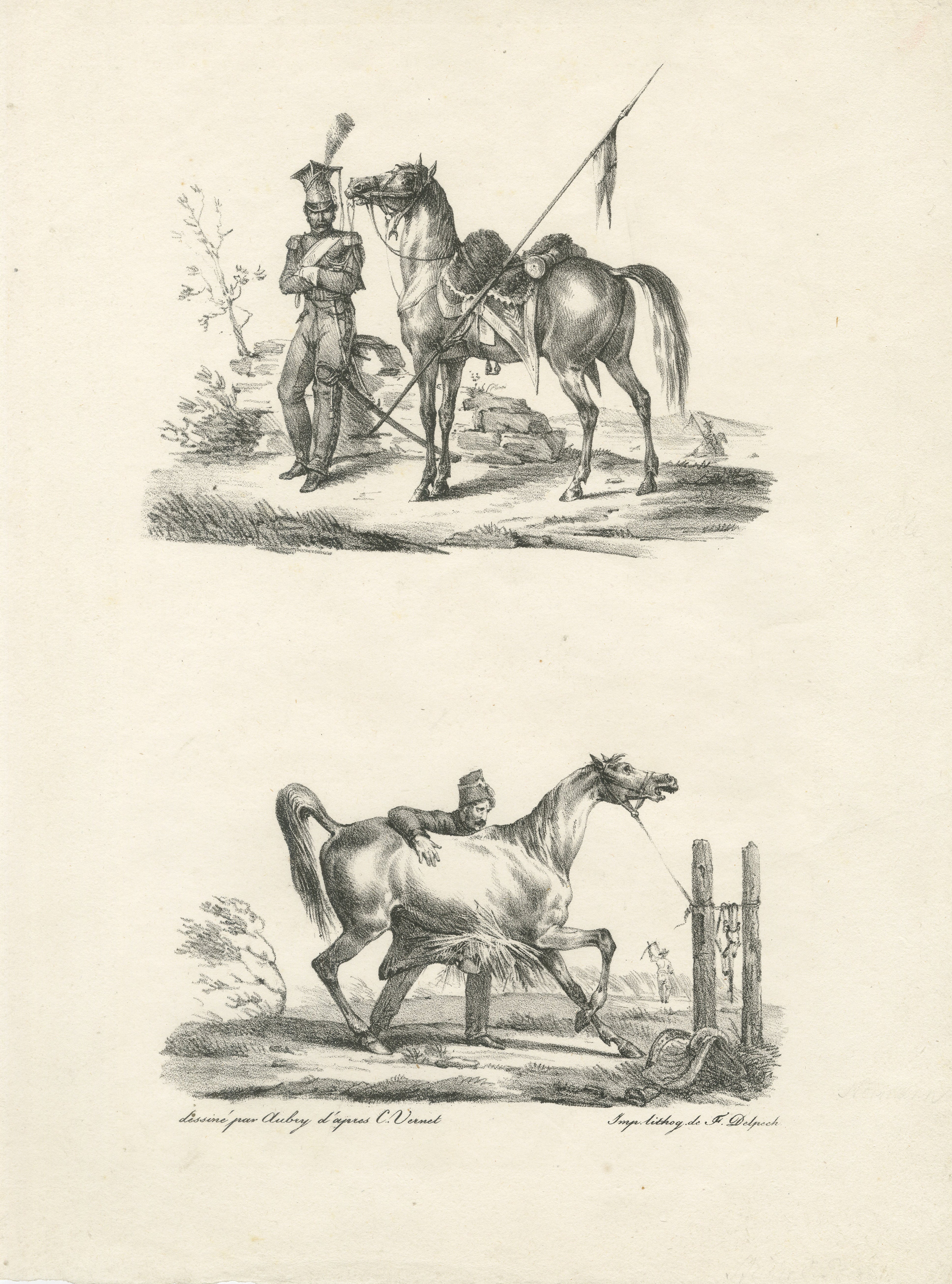 Antique Arabian Horse & Cavalry Lithograph after Carle Vernet, c.1825