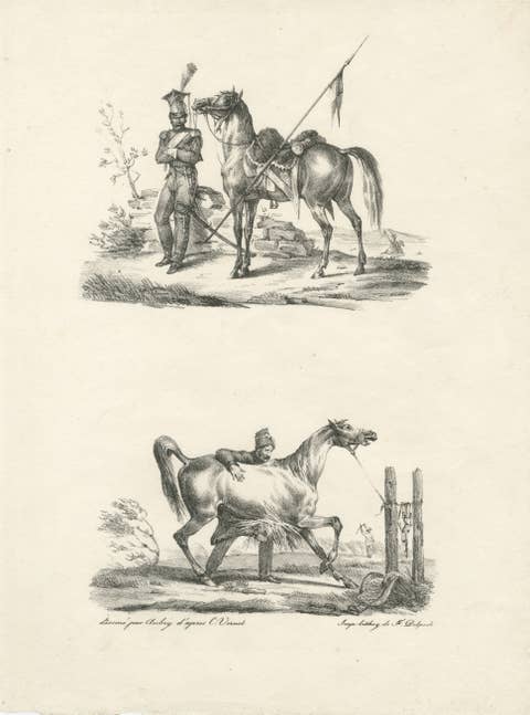 Antique Arabian Horse & Cavalry Lithograph after Carle Vernet, c.1825