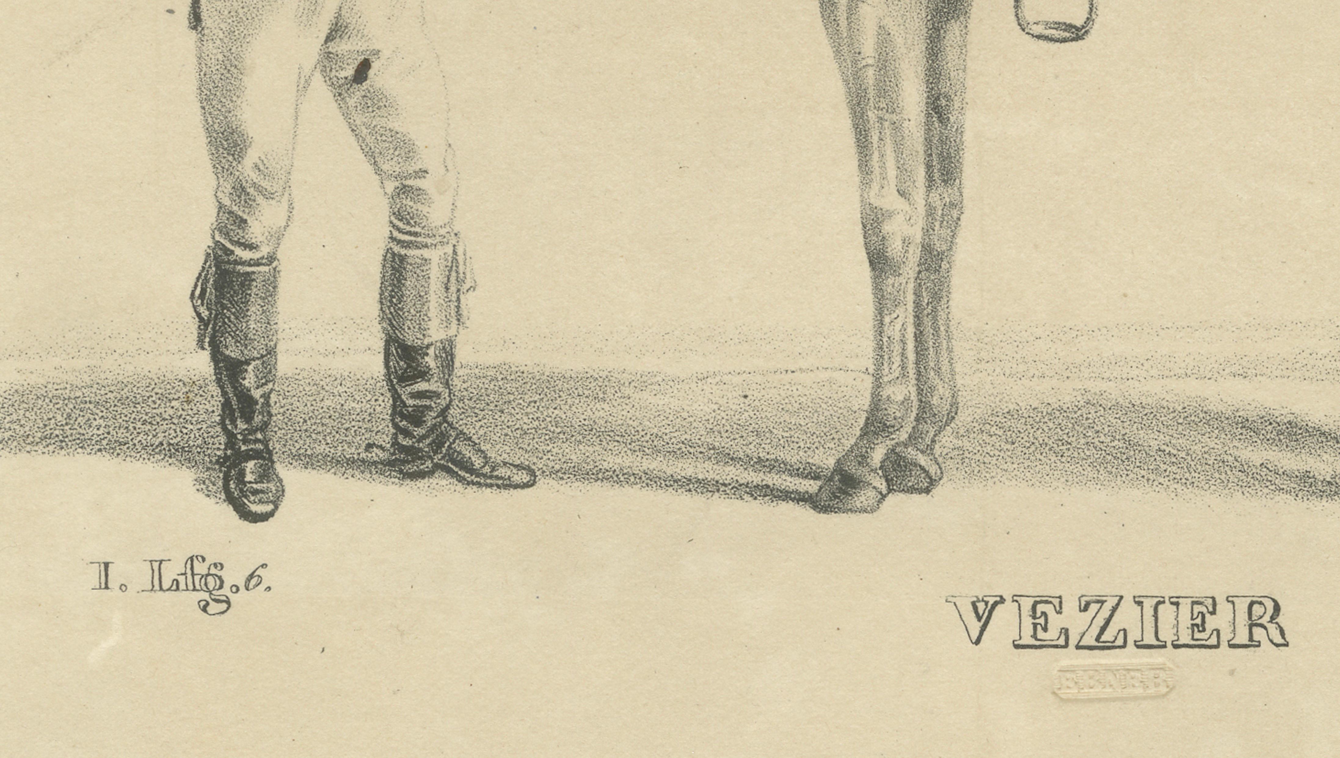 Antique Arabian Horse Lithograph “Vezier” with Groom, Stuttgart 1846