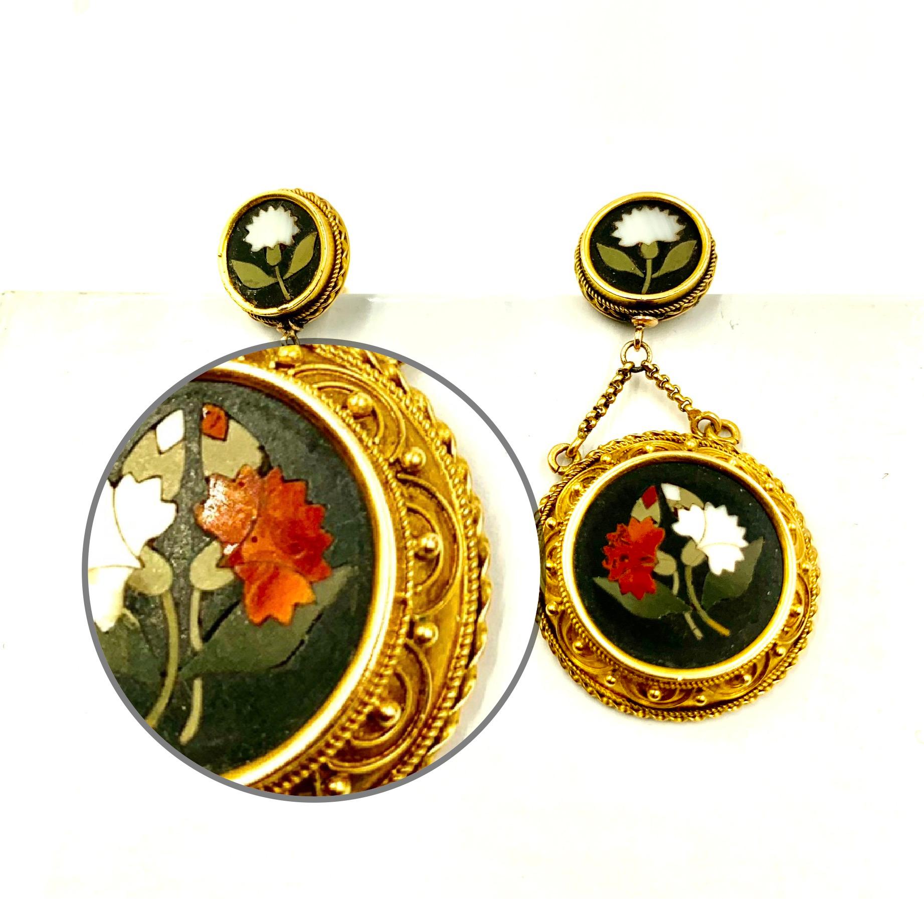 Fine 19th Century Archaelogical Revival in the Etruscan taste Pietra Dura 18K gold earrings with circular post back round pietra dura rondels depicting a white carnation, set in a finely detailed wirework gold setting with a double chain leading to