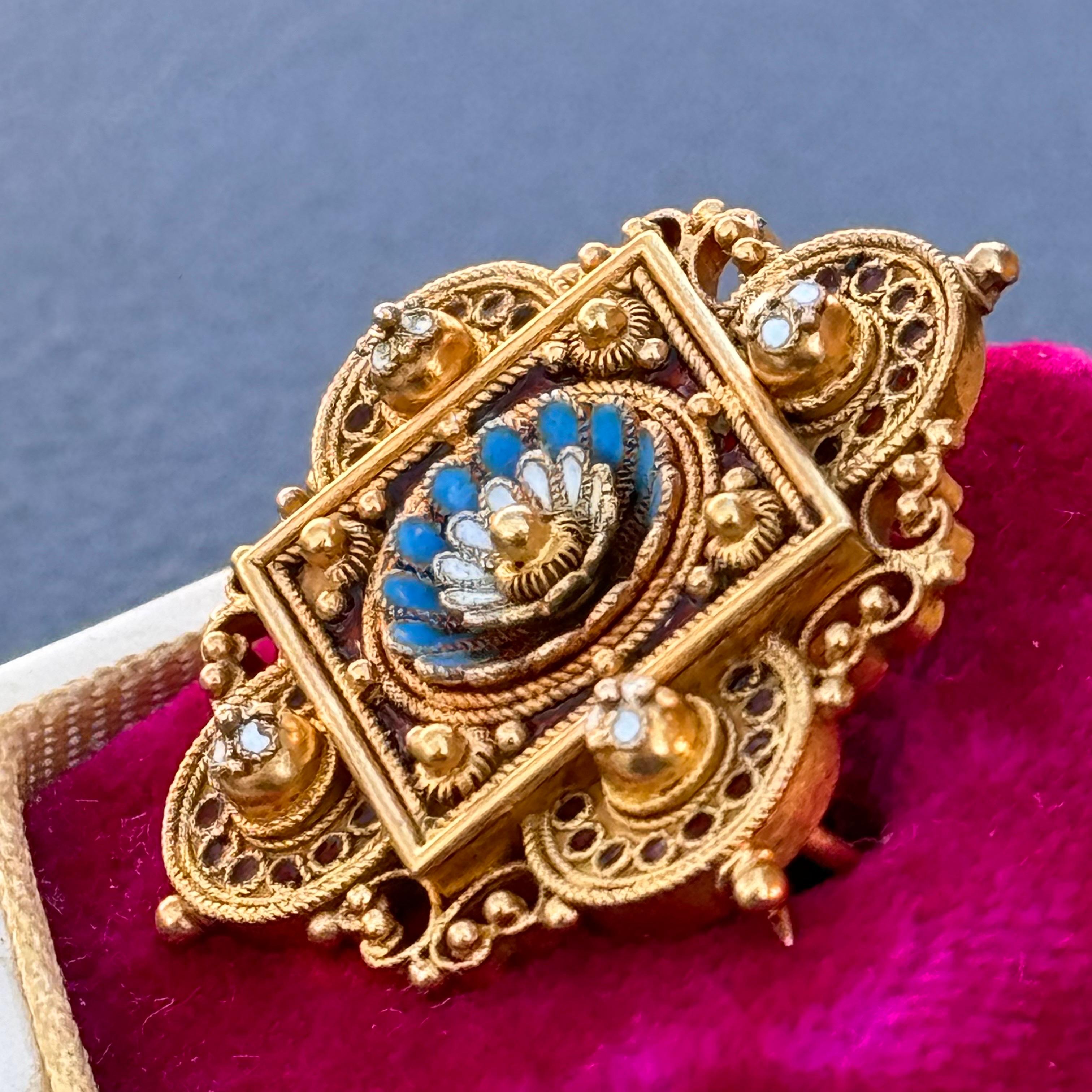 Antique Archaeological Revival 15kt gold Enamel Pin Brooch  For Sale 5