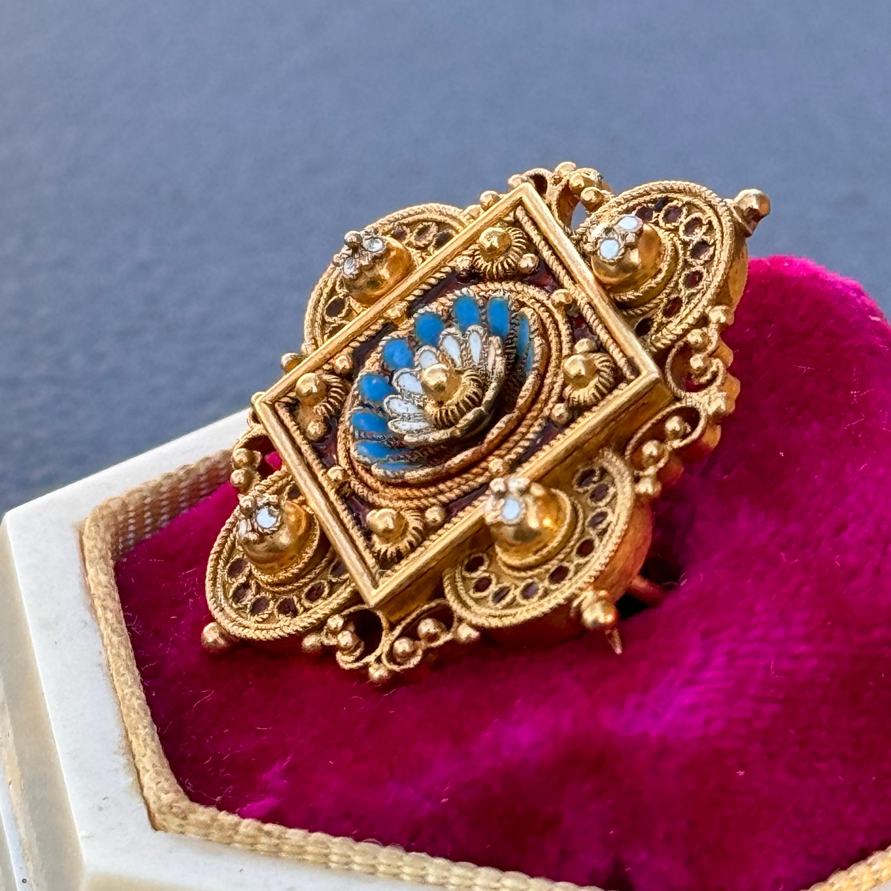 Antique Archaeological Revival 15kt gold Enamel Pin Brooch  For Sale 6
