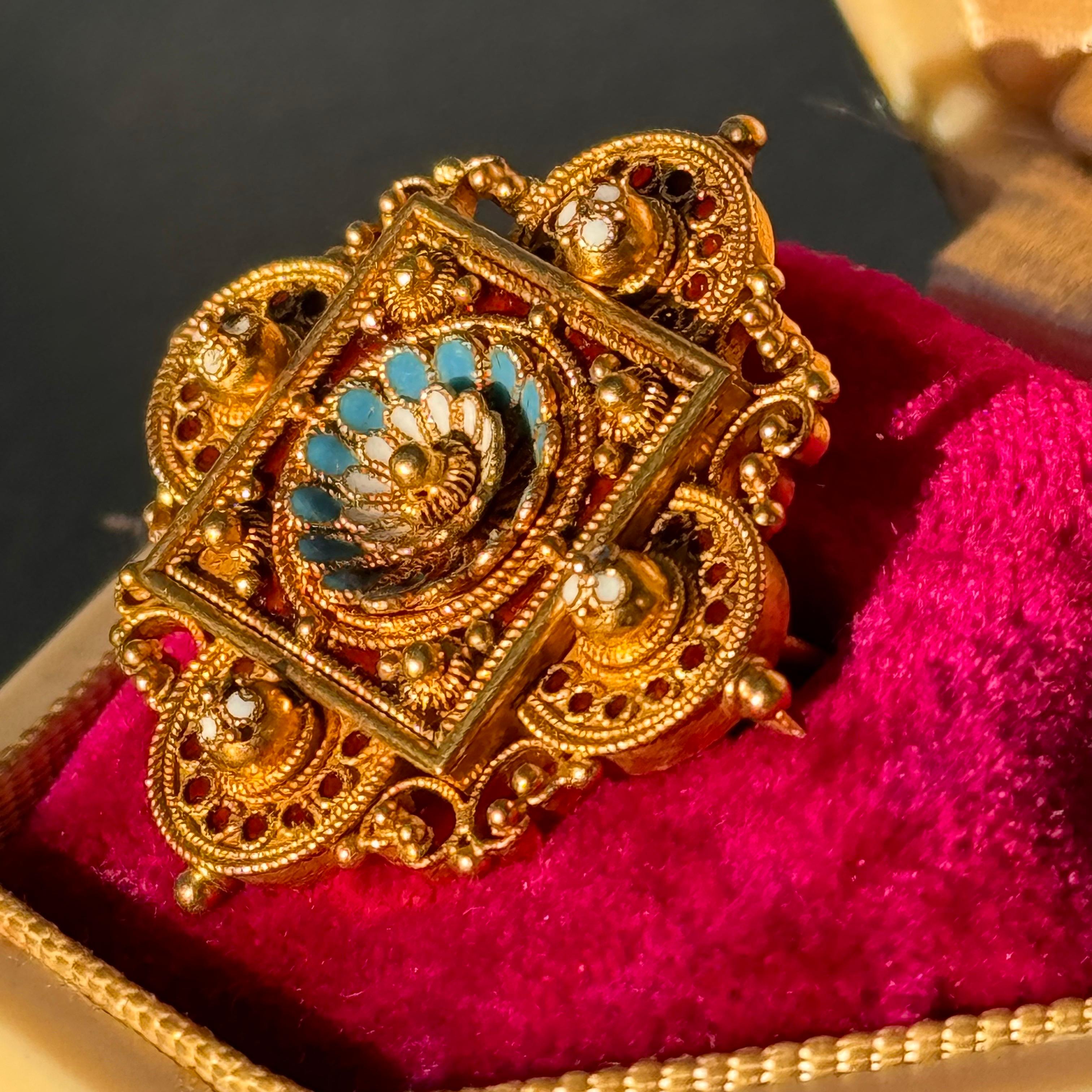 Antique Archaeological Revival 15kt gold Enamel Pin Brooch  For Sale 7