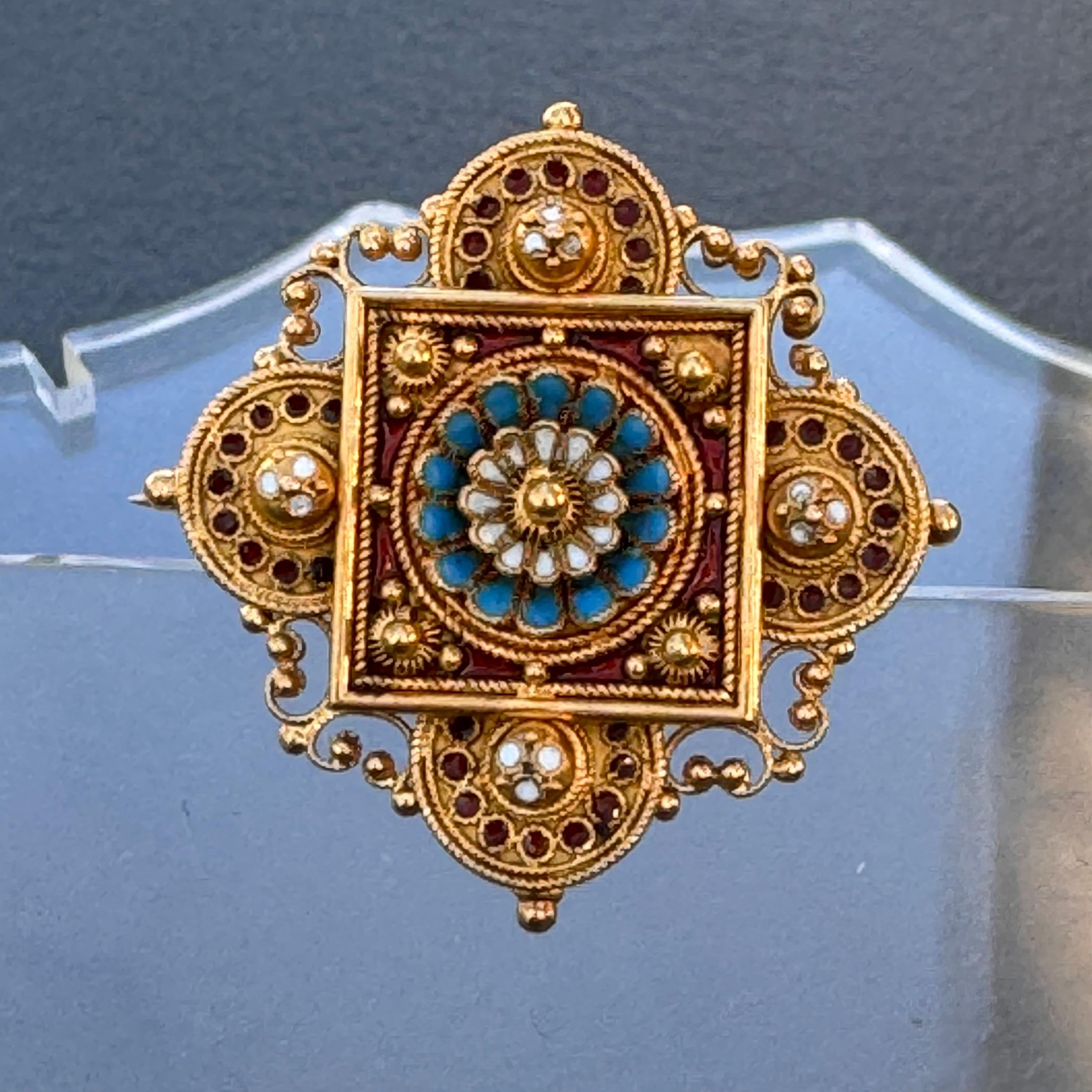 Victorian Antique Archaeological Revival 15kt gold Enamel Pin Brooch  For Sale