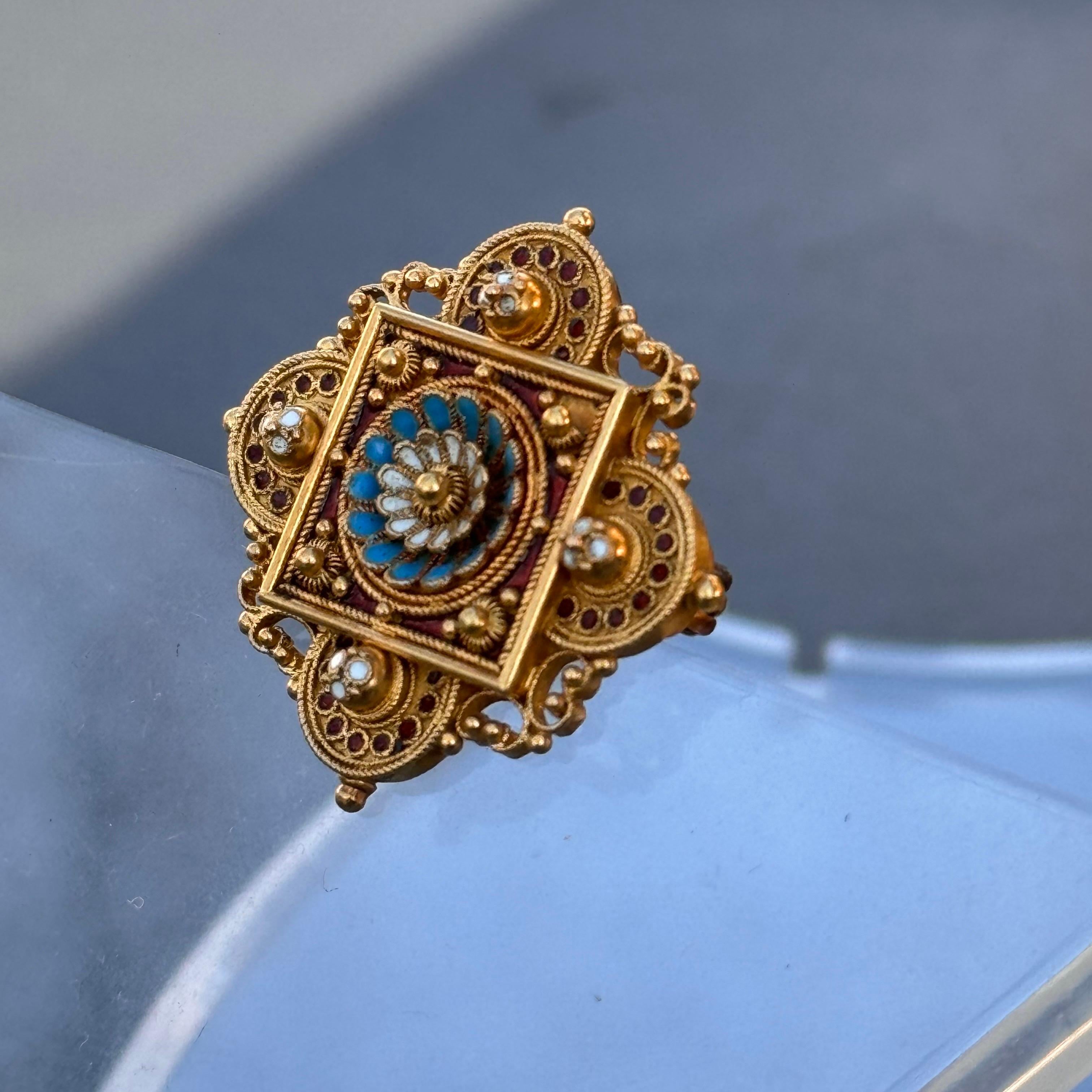 Women's Antique Archaeological Revival 15kt gold Enamel Pin Brooch  For Sale