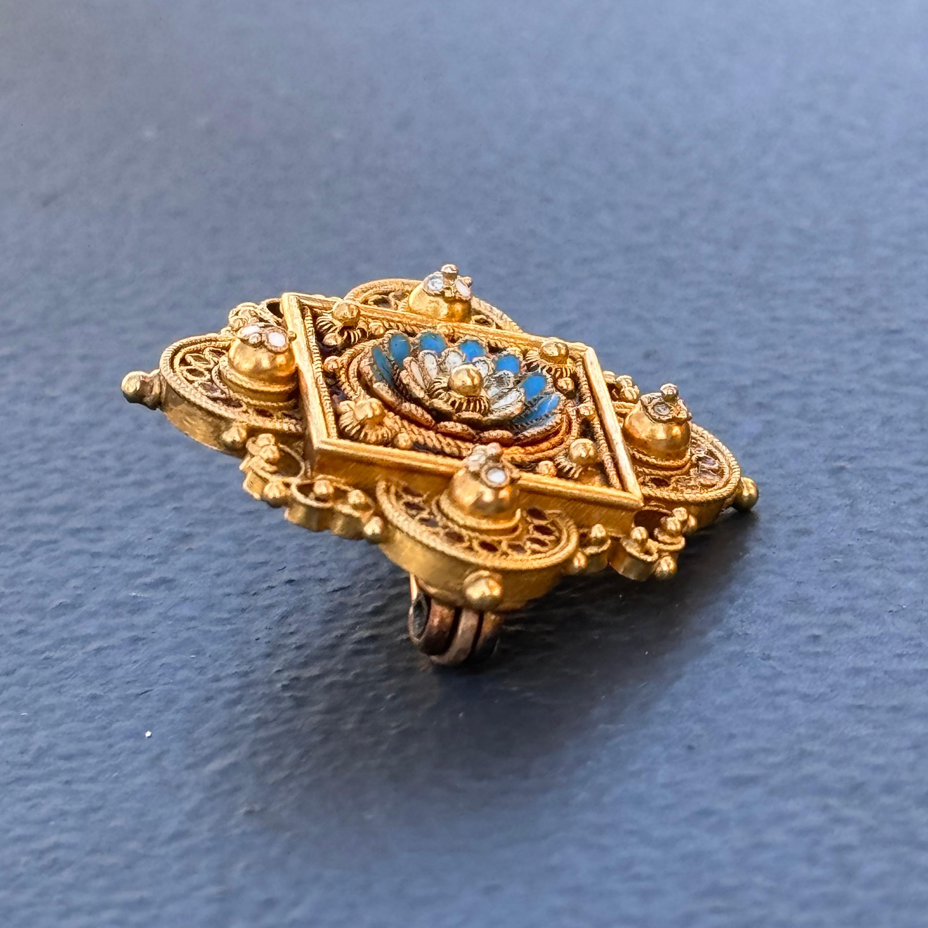Antique Archaeological Revival 15kt gold Enamel Pin Brooch  For Sale 1