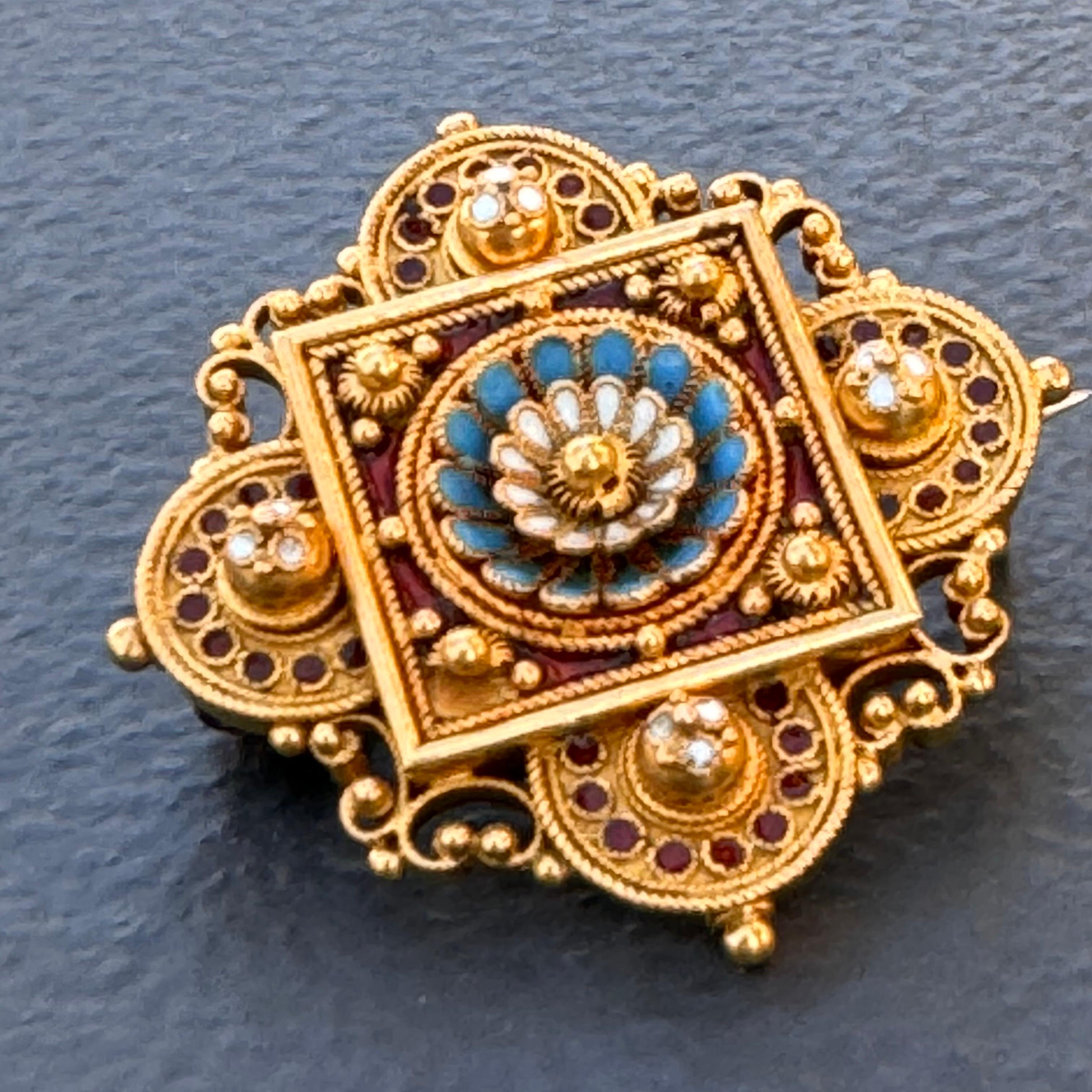 Antique Archaeological Revival 15kt gold Enamel Pin Brooch  For Sale 2