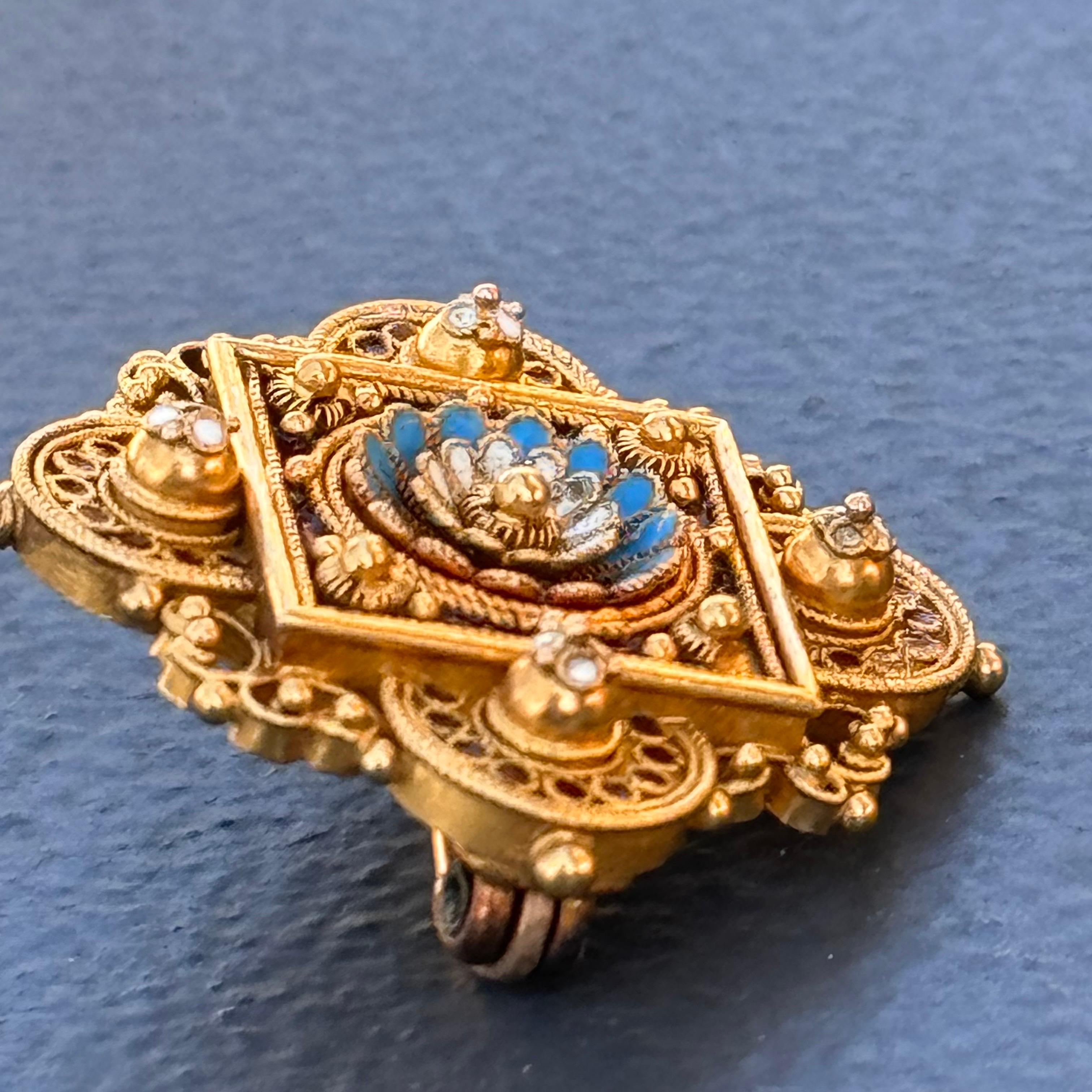Antique Archaeological Revival 15kt gold Enamel Pin Brooch  For Sale 3