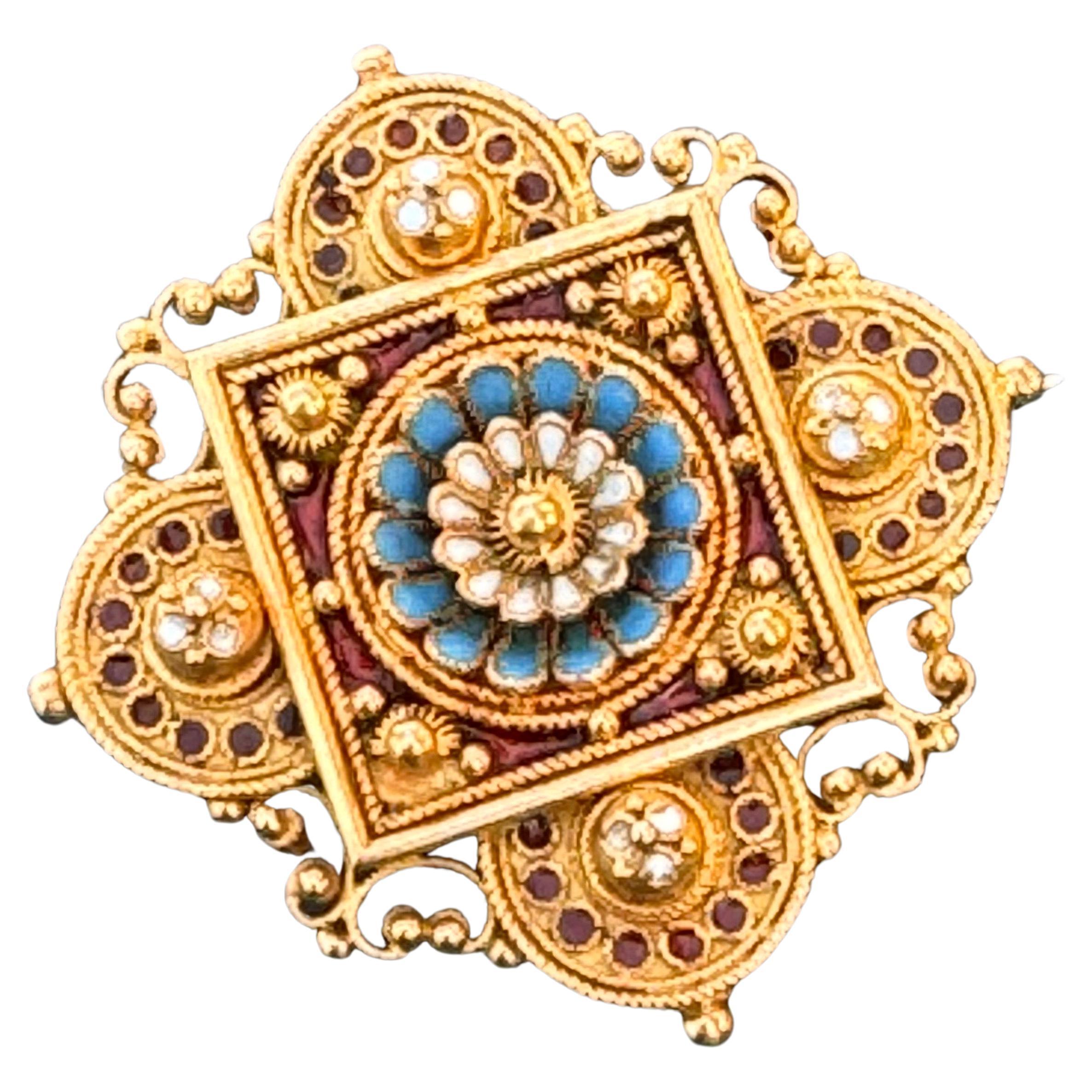 Antique Archaeological Revival 15kt gold Enamel Pin Brooch  For Sale