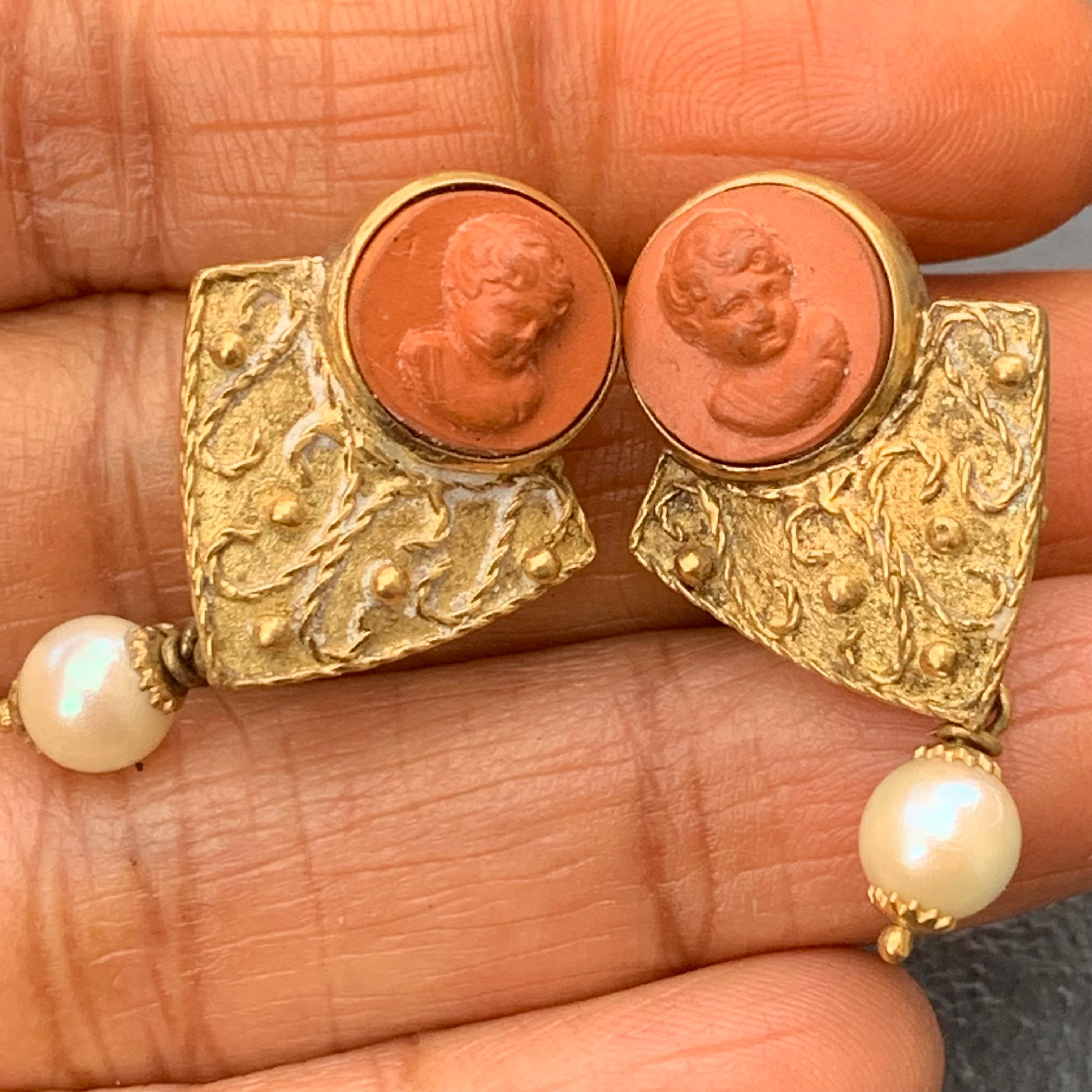 Women's Antique Archaeological Revival Italian 18kt Gold Carved Lava Cameos Earrings For Sale