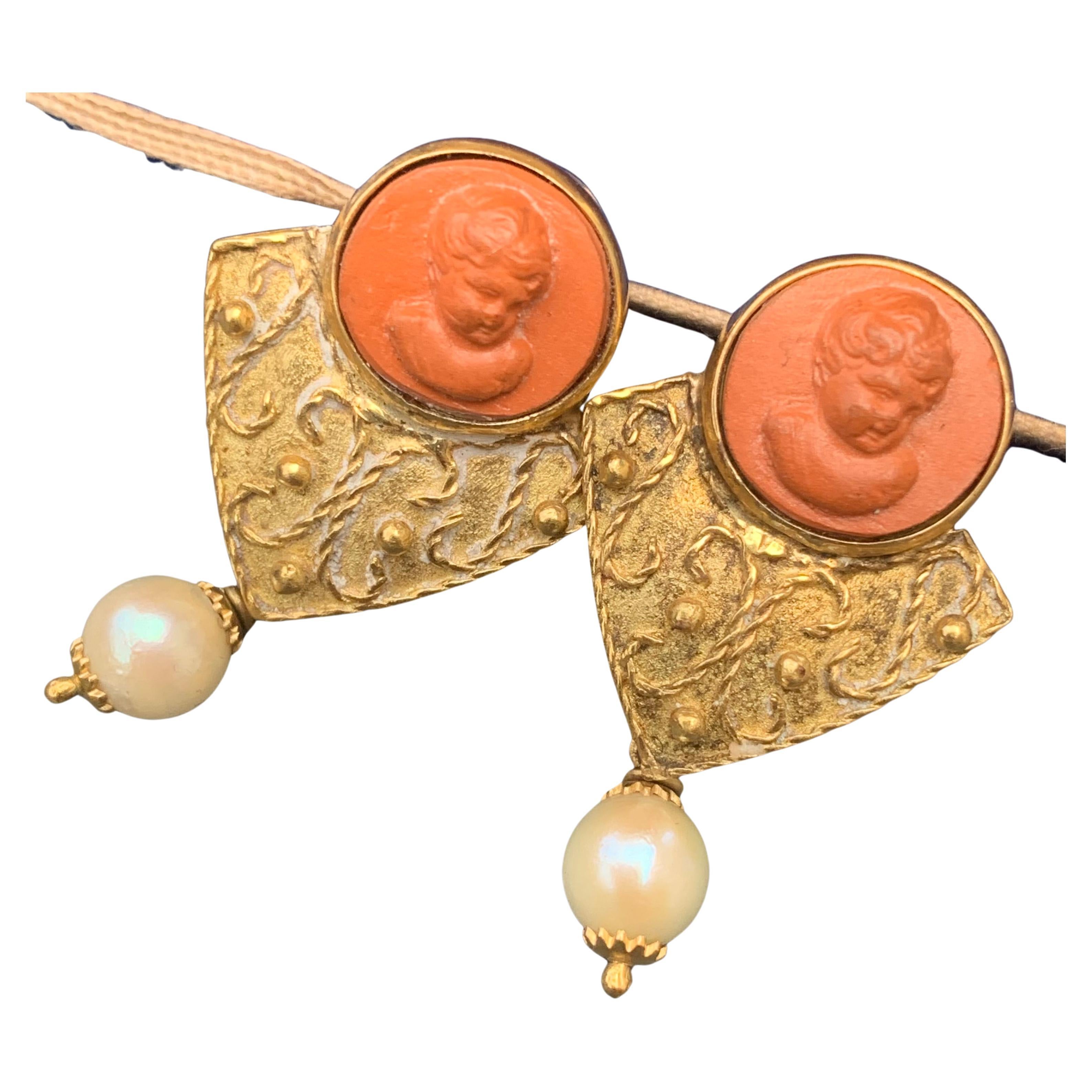 Antique Archaeological Revival Italian 18kt Gold Carved Lava Cameos Earrings For Sale