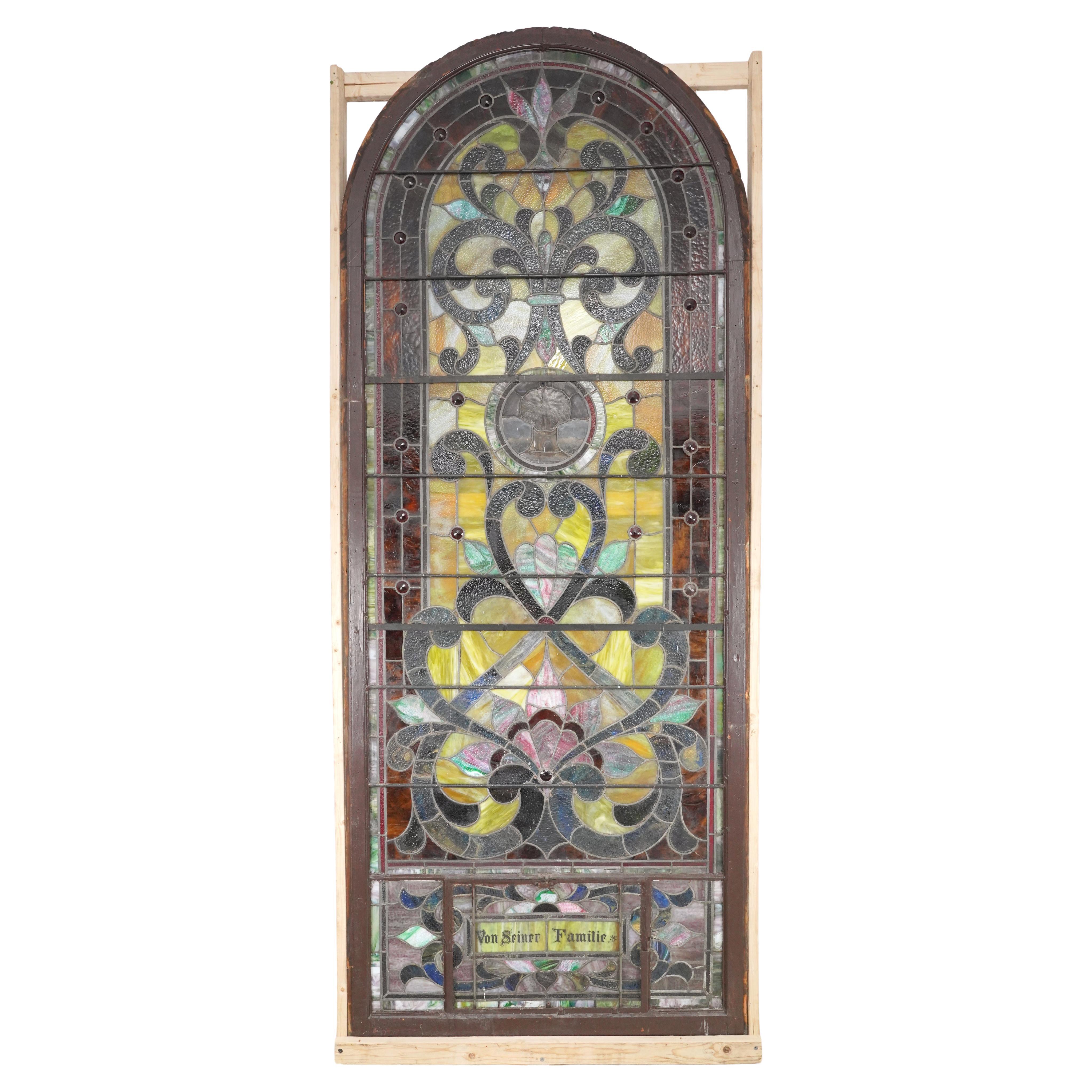 Antique Arched Leaded Stained Glass Church Window 149 x 59 in.