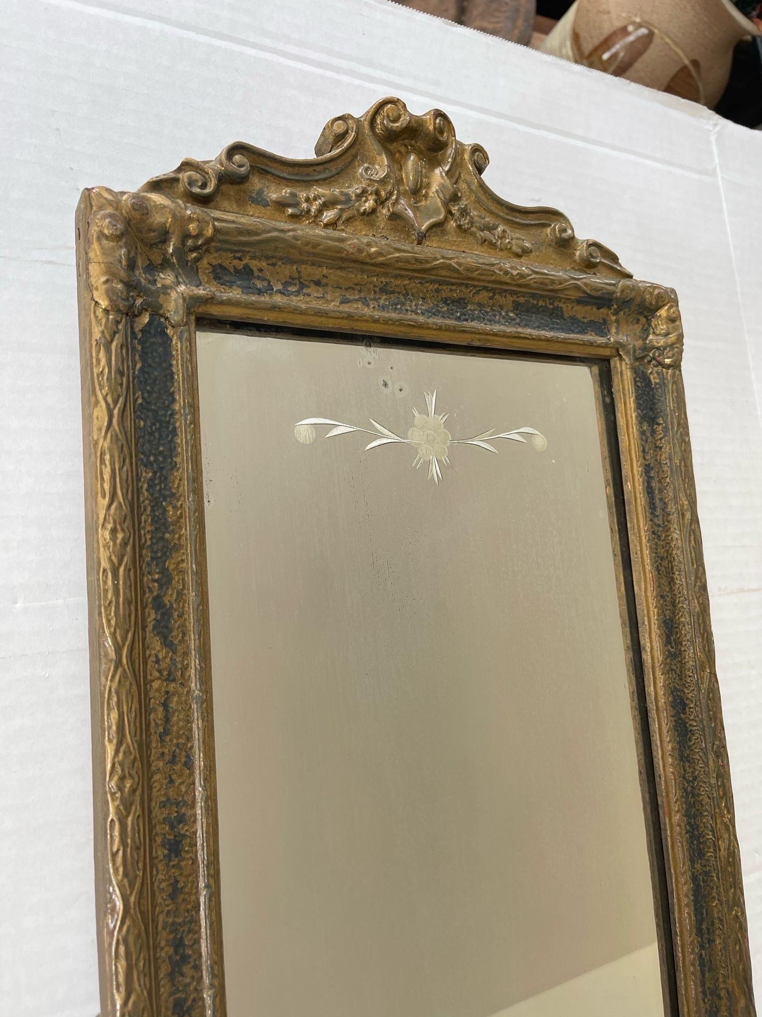 Mid-Century Modern Antique Arched Sculpted Wood Frame Mirror With Floral Etching. For Sale