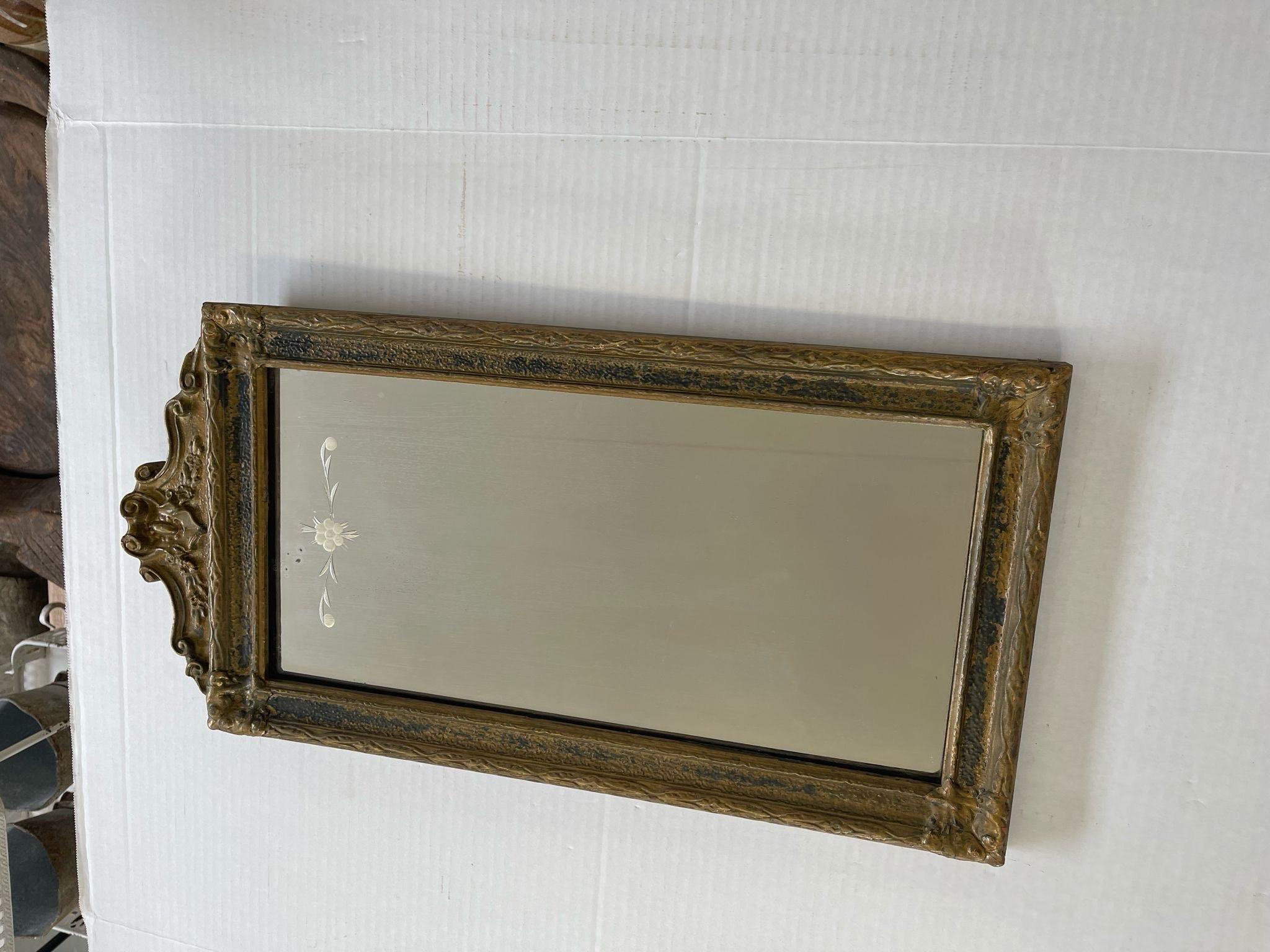 Antique Arched Sculpted Wood Frame Mirror With Floral Etching. For Sale 1