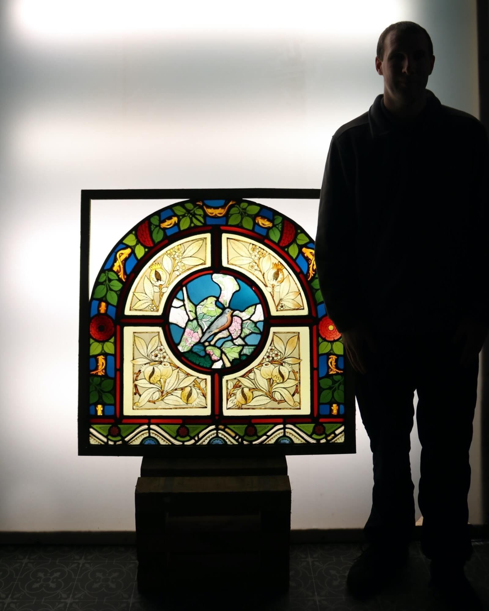 Victorian Antique Arched Stained Glass Window Panel For Sale