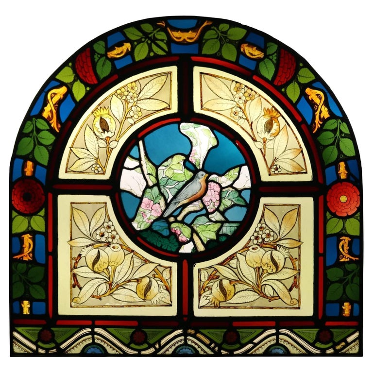 Antique Arched Stained Glass Window Panel For Sale at 1stDibs
