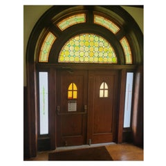 Antique Arched Tiffany Style Stained Glass Windows and Double Oak Entryway Doors