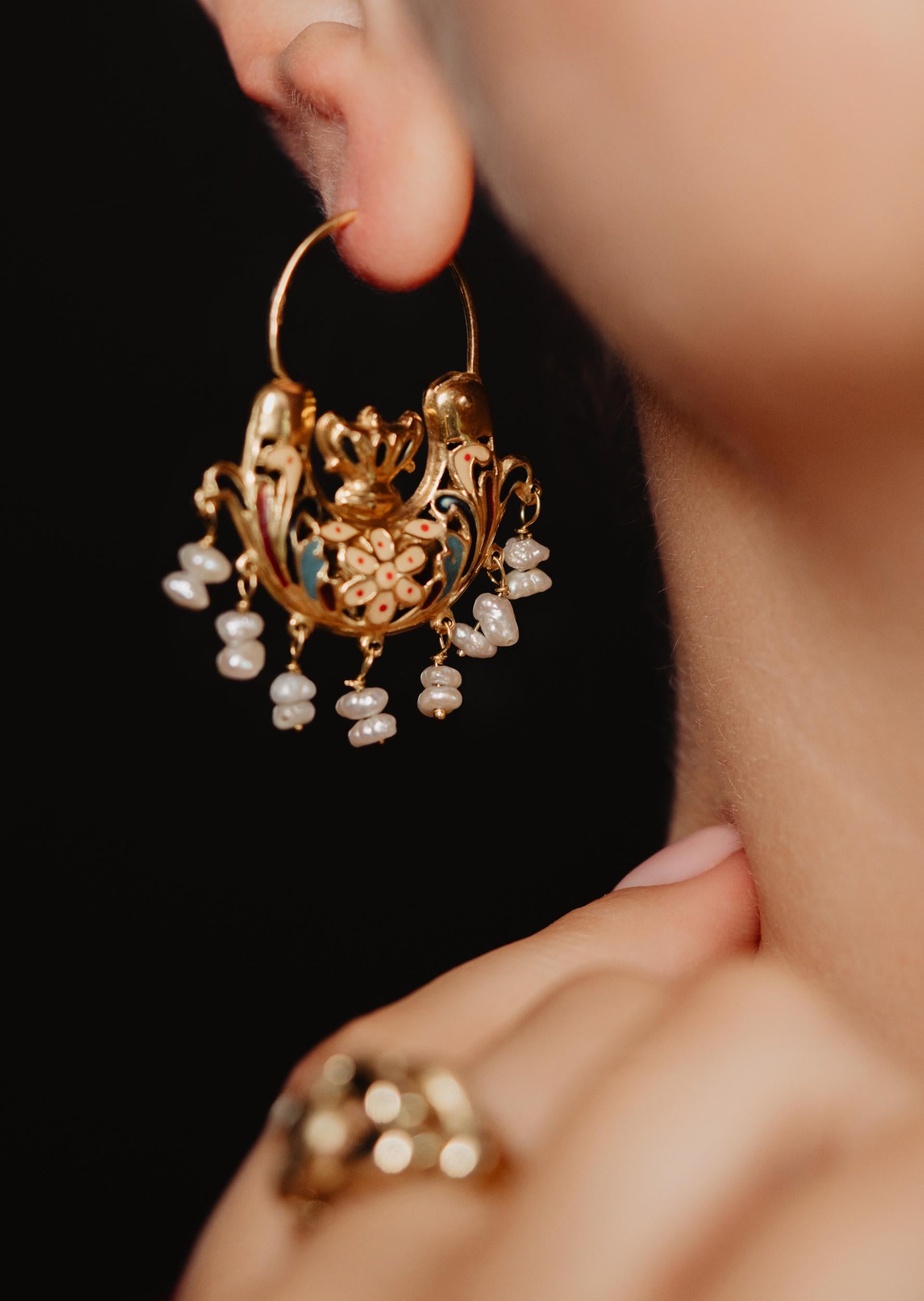 Baroque Revival Antique Archiological Revival Enamel Urn Earrings, 19th Century Italian Antiques